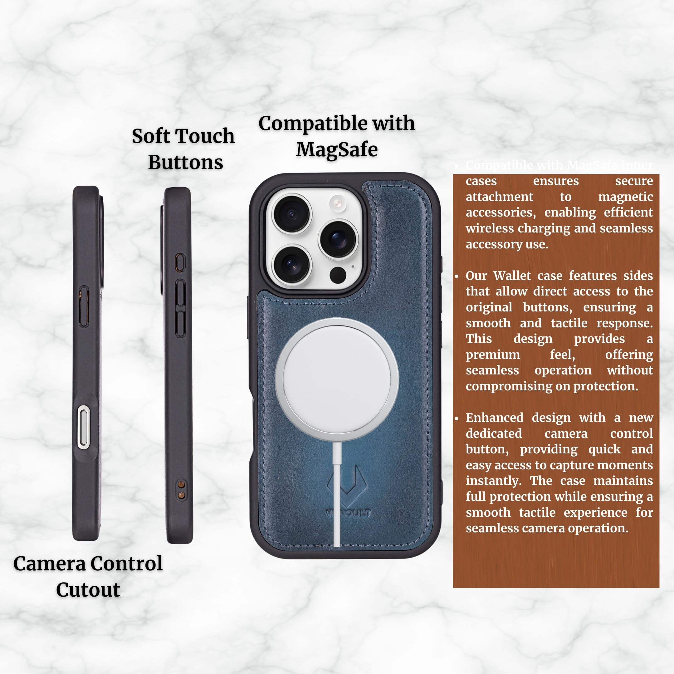 VENOULT Detachable Wallet Case for iPhone 15 Pro MAX - Genuine Leather Magsafe Compatible Cover with 4 Card Slots, RFID Protection & Kickstand | Slim Folio Design for Men & Women (Admiral Blue) | Perfect for Work, Travel & Everyday Use