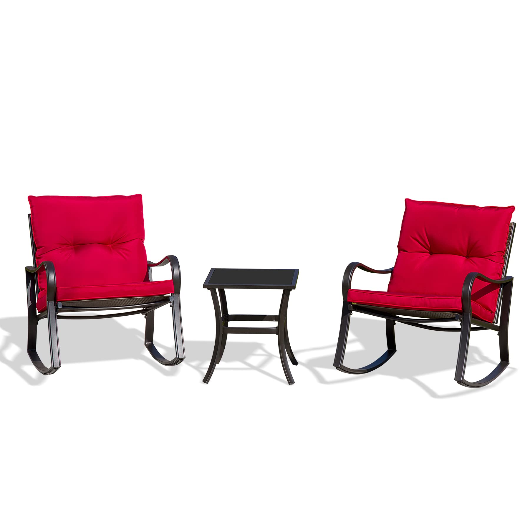 **Domi 3-Piece Outdoor Rocking Chair Set - Patio Bistro Chairs with Iron Frame & Glass Coffee Table - Perfect for Porch, Poolside, Lawn, Garden & Balcony (Red, Curved Armrest) - Relaxing Conversation & Leisure Seating**