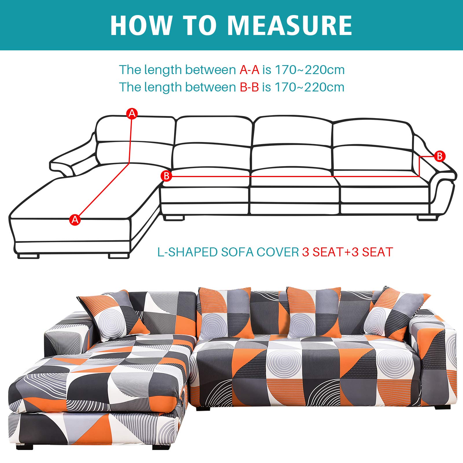 Stretchable L-Shaped Sectional Sofa Cover - 2-Piece Elastic Slipcover for 3-Seater Couch with 4 Pillowcases | Furniture Protector for Pets & Kids | Perfect for Living Room, Family Gatherings & Movie Nights (Orange)