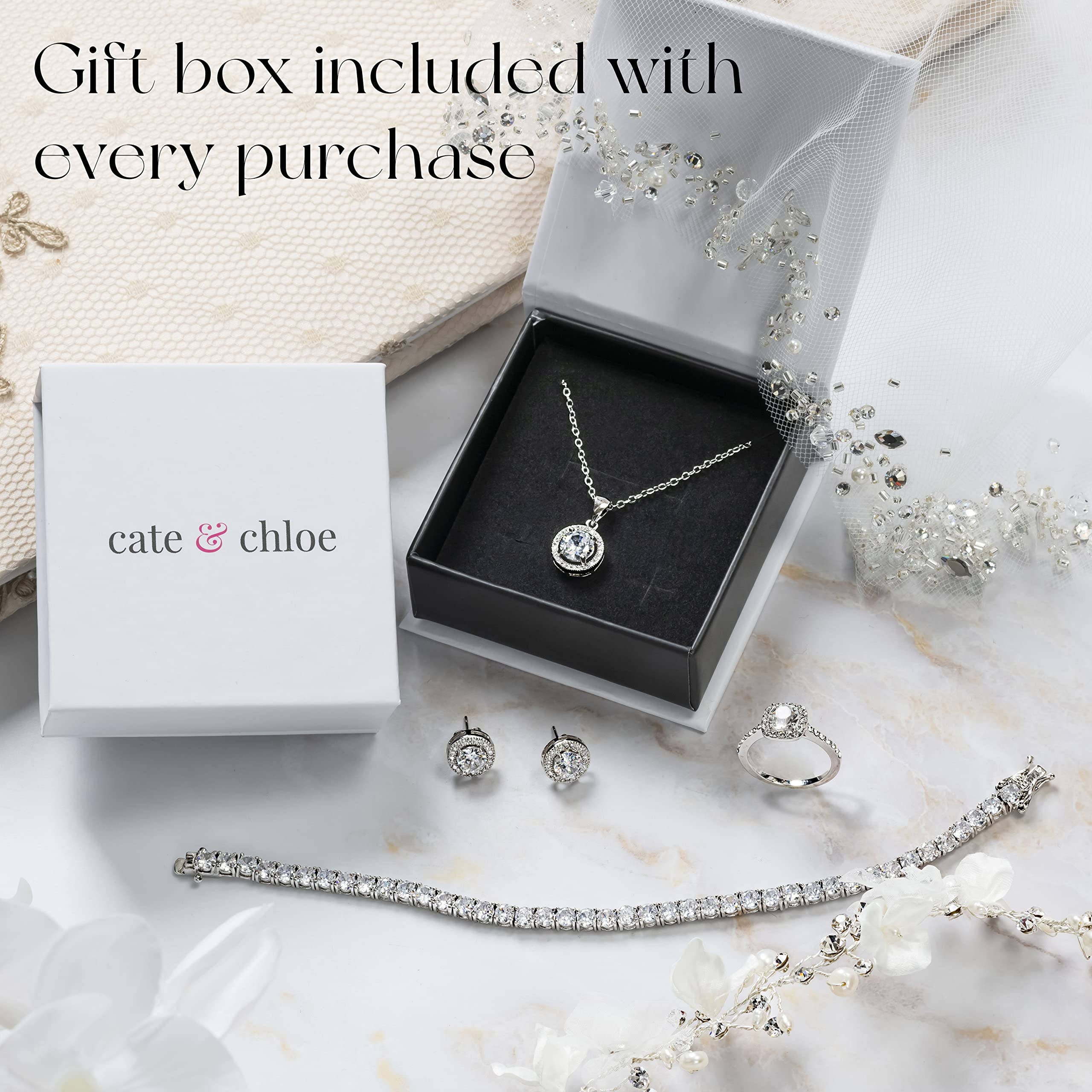 Cate & Chloe Ivy 18k White Gold Cubic Zirconia Pendant Necklace & Dangle Earrings Set for Women | Princess Cut Bridal Jewelry | Perfect for Weddings, Anniversaries & Special Occasions