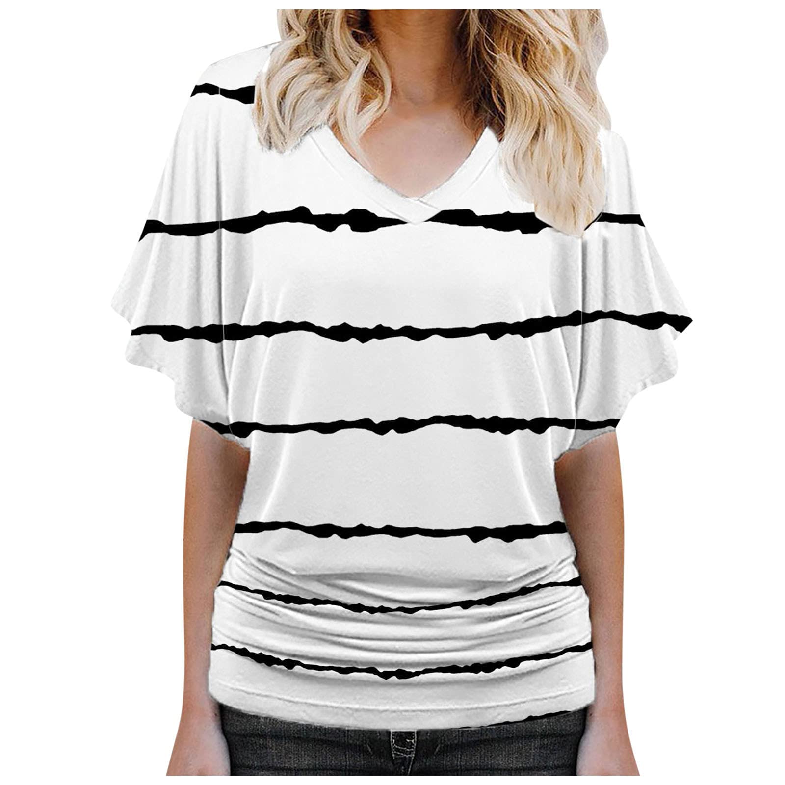 Women's Summer V-Neck Ruffle Short Sleeve Striped Printed Casual T-Shirt Blouse - Breathable & Comfortable for Beach, Vacation, and Daily Wear (White, Size S)
