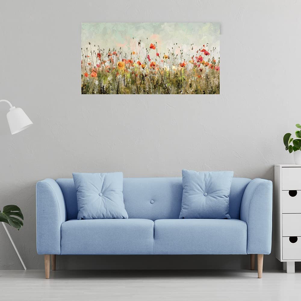 Poppy Parade Floral Canvas Wall Art - 40x21 Inch Hand-Painted Flower Painting for Bathroom & Living Room Decor - Modern Home & Office Wall Decor - Perfect Gift for Housewarming & Interior Design