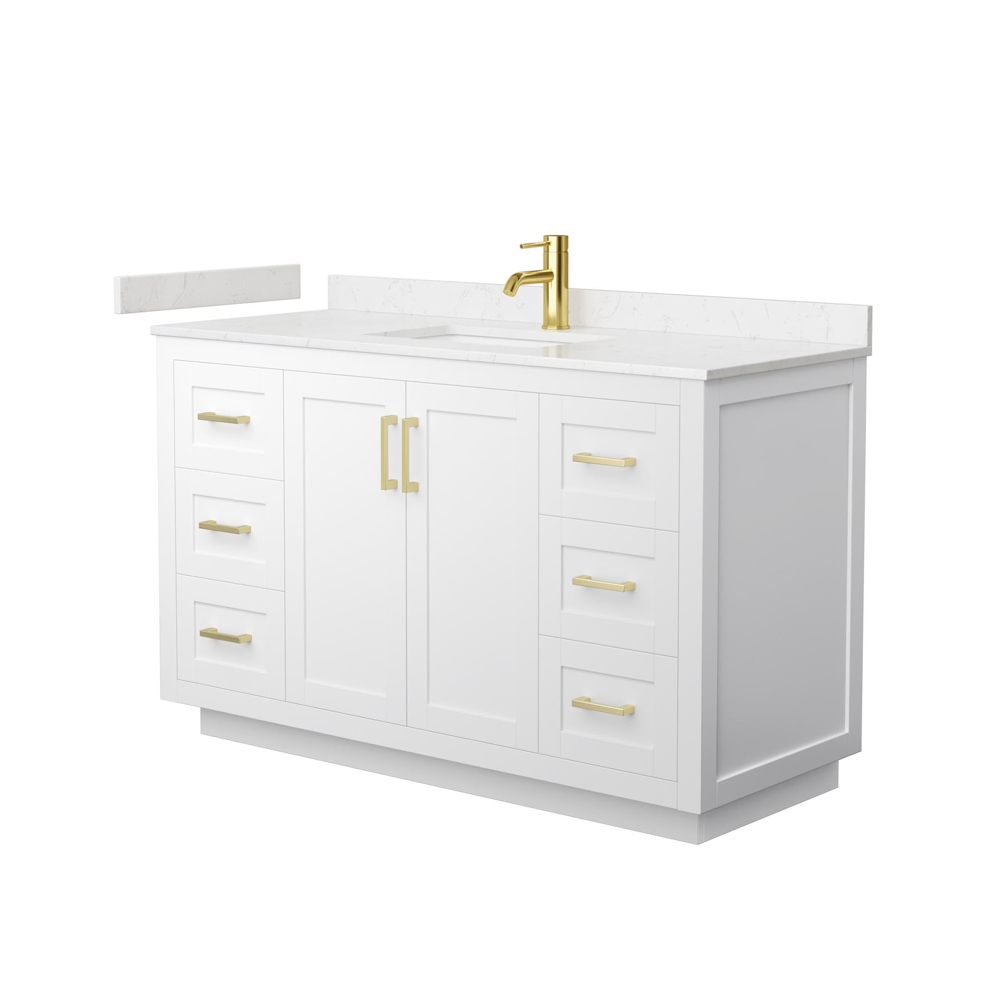 Wyndham Collection Miranda 54 Inch White Bathroom Vanity with Light-Vein Carrara Cultured Marble Countertop, Undermount Square Sink & Brushed Gold Trim - Perfect for Modern Master Bathrooms & Guest Suites