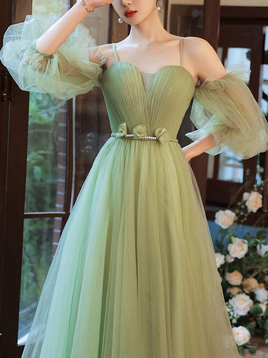 Elegant Green A-Line Long Prom Dress with Tulle Skirt - Perfect for Bridesmaids, Evening Gala & Formal Events