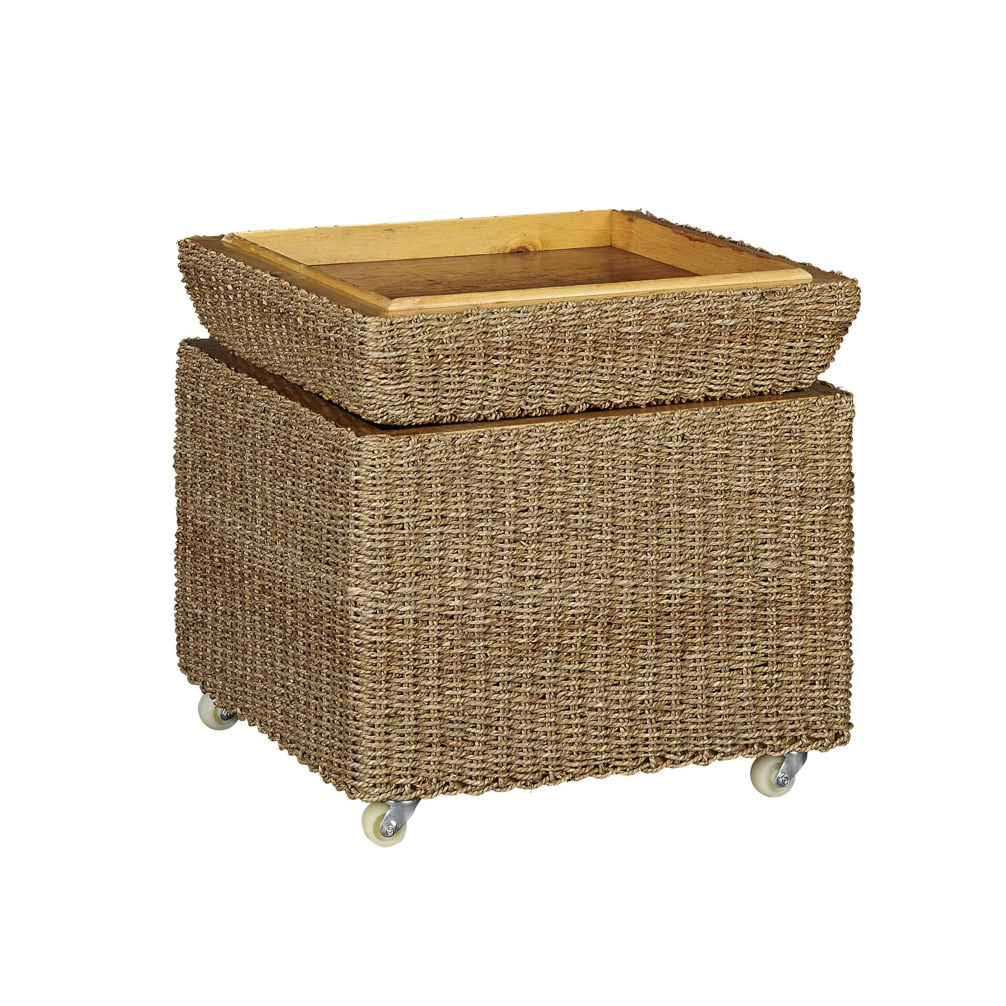 Seagrass Wicker Storage Bench with Wheels - Rolling Storage Ottoman for Living Room, Bedroom & Entryway - Natural Woven Basket Seat with Lid for Blankets, Toys & Home Organization