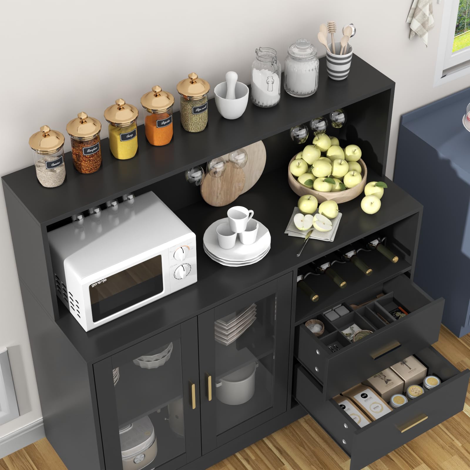 Modern LED Wine Bar Cabinet with Glass Rack & Storage Drawers - Kitchen Buffet Sideboard for Liquor, Coffee & Dining Essentials - Perfect for Living Room, Dining Room & Home Entertainment (Black)