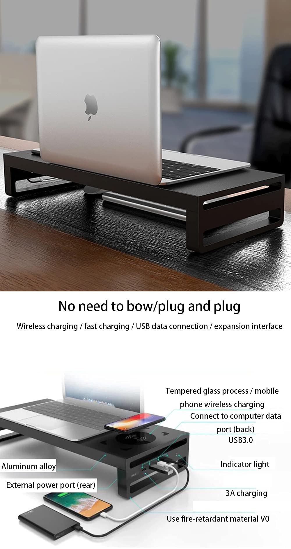 Adjustable Monitor Stand Riser with Storage Shelf - Ergonomic Computer Desk Organizer for Home Office, PC, Printer | Space-Saving USB Hub & Wireless Charging Station (No USB3.0/No Wireless Charging) - Perfect for Work from Home Setup