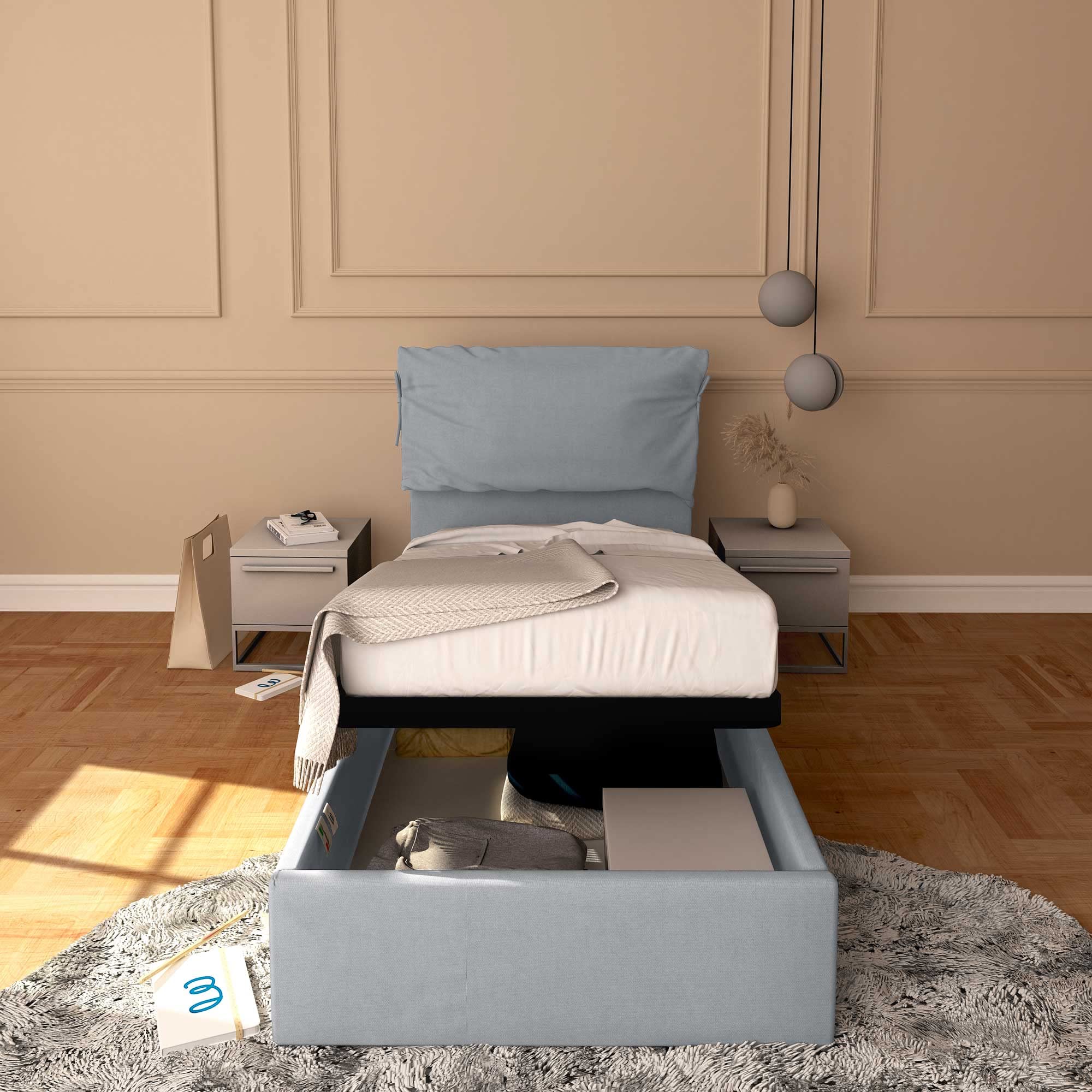 Baldiflex Single Bed with Storage - Licia Soft Synthetic Leather Upholstery, Slatted Base for Single Mattresses, 80 x 190 cm, Padded Headboard, Light Gray - Perfect for Small Bedrooms, Guest Rooms & Studio Apartments