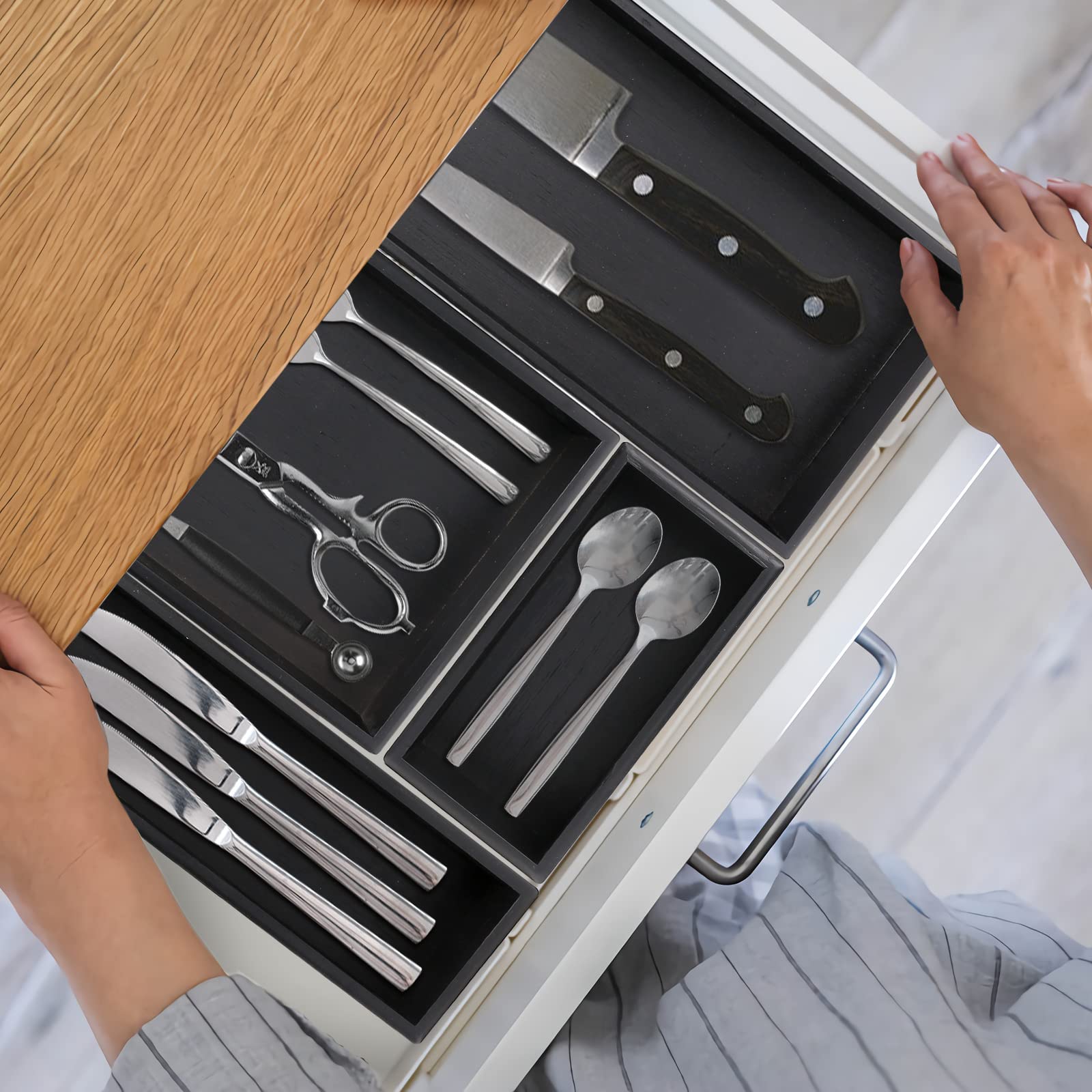Bamboo Drawer Organizer for Kitchen Utensils & Silverware - 12 x 3 x 2.6 Inch Cutlery Tray, Office Desk Supplies Storage Box - Perfect for Kitchen Drawers, Office Desks & Home Organization (Black)