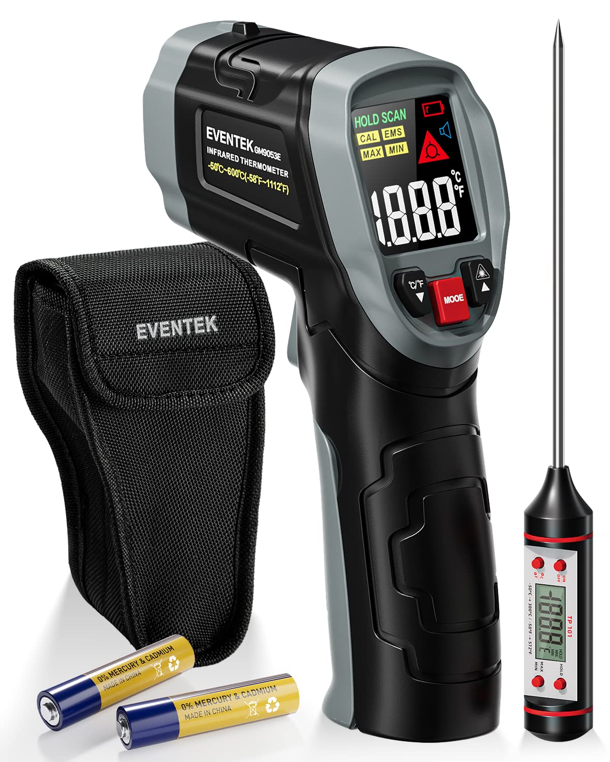 Eventek Digital Infrared Thermometer Gun -58°F to 1112°F (-50°C to 600°C) with Laser Pointer, Adjustable Emissivity - 3-in-1 Non-Contact Temperature Gun for Cooking, Grilling, HVAC, Automotive & Industrial Use - Includes Meat Thermometer & Carrying Bag