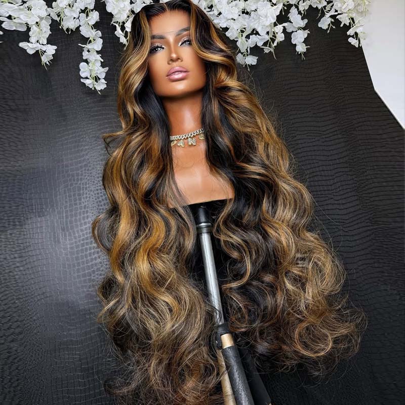 Eullair P1b/Brown Highlight Body Wave Glueless Human Hair Wig - Balayage Colored Lace Frontal Wig for Women | Natural Look for Daily Wear, Parties & Special Occasions