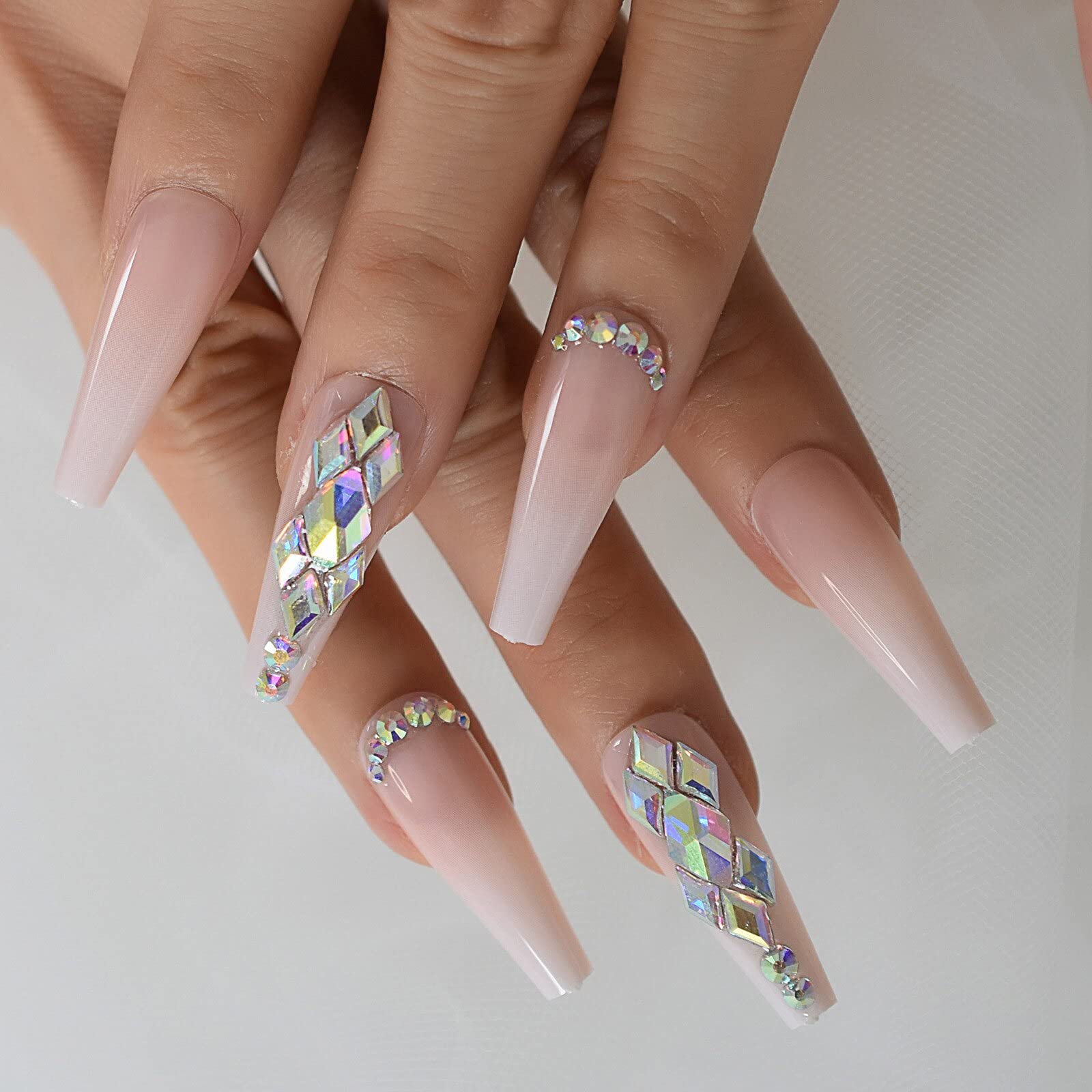 Extra Long Press On Fake Nails - Ombre 3D Bling Coffin Ballerina False Nails with Rhinestones | Perfect for Parties, Weddings & Special Occasions