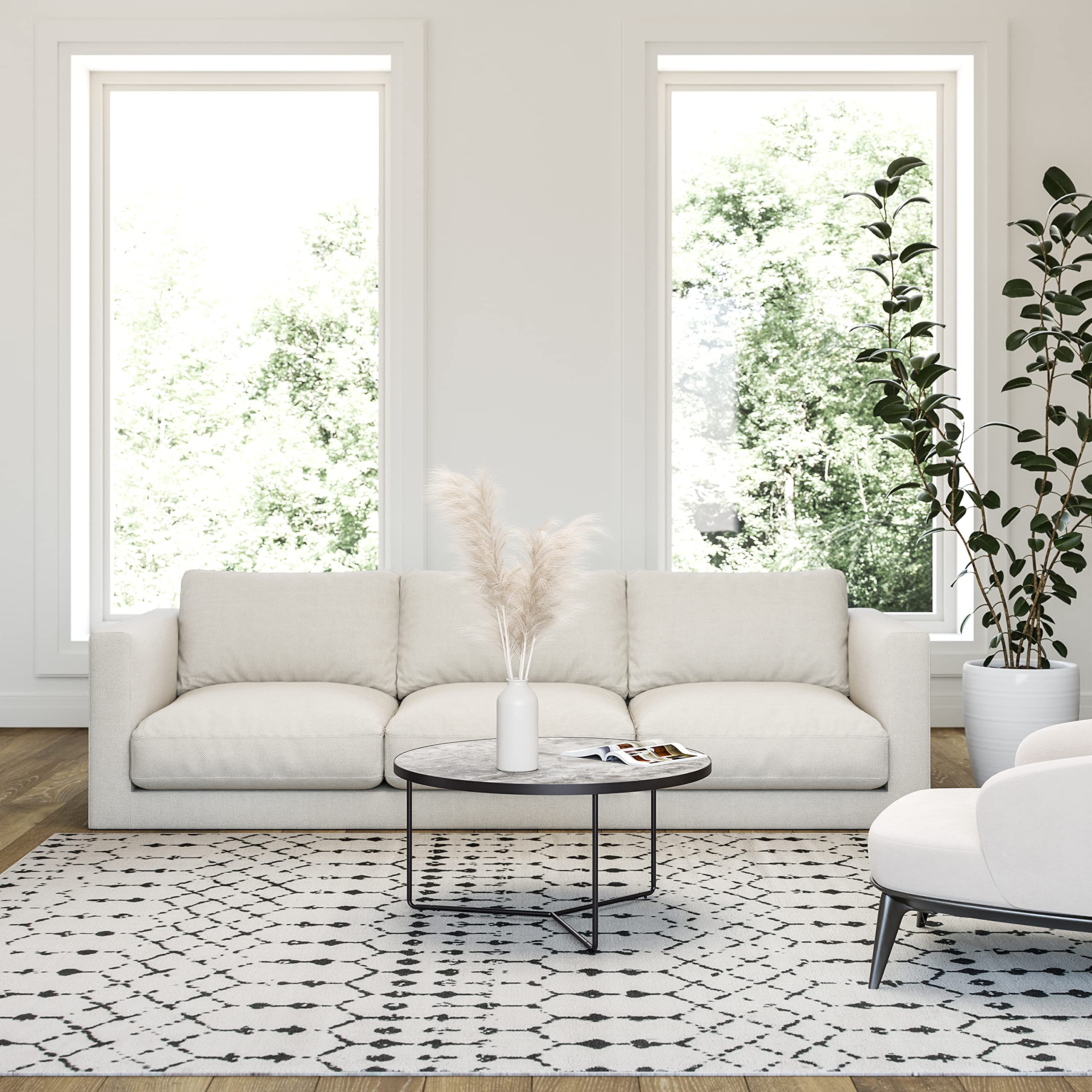 EMMA + OLIVER Modern Geometric Bohemian Low Pile 8' x 10' Ivory Black Area Rug - Perfect for Living Room, Bedroom & Boho Home Decor