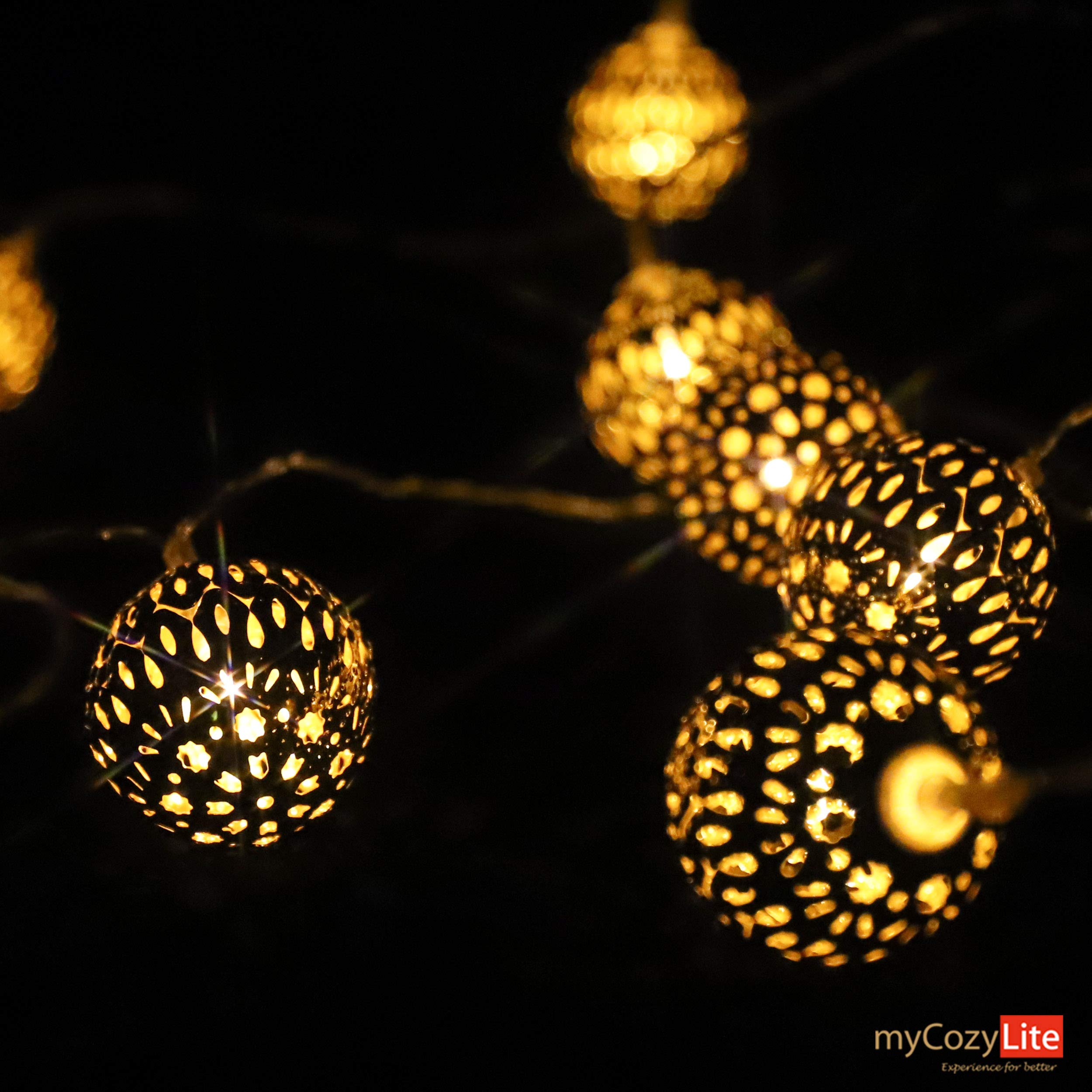myCozyLite LED Globe String Lights - 10ft Warm White Moroccan Fairy Lights with Timer, 20 Golden Metal Globes, Battery Powered for Bedroom, Wedding, Party & Outdoor Decor