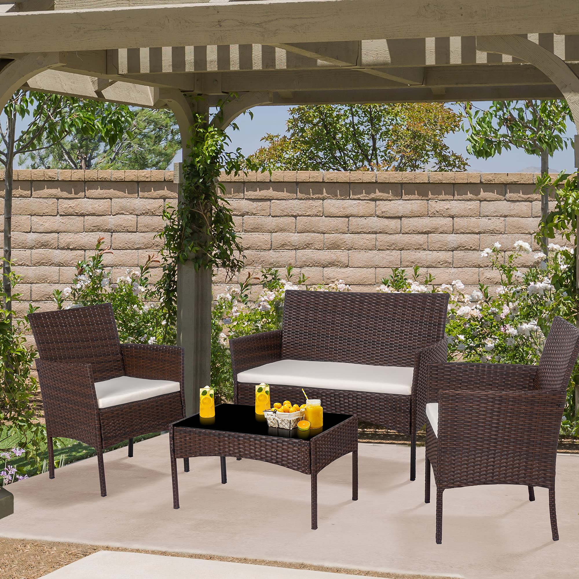Shintenchi 4-Piece Outdoor Patio Furniture Set - Wicker Rattan Chairs with Tempered Glass Coffee Table for Backyard, Porch, Garden, Poolside & Balcony - Brown - Perfect for Relaxing, Entertaining Guests and Outdoor Dining