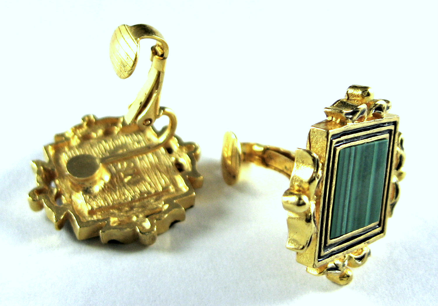 Vintage Renaissance Revival Green Malachite Clip-On Earrings - Museum of Fine Arts Inspired 1980s Jewelry for Women | Perfect for Weddings, Parties & Art Deco Fashion