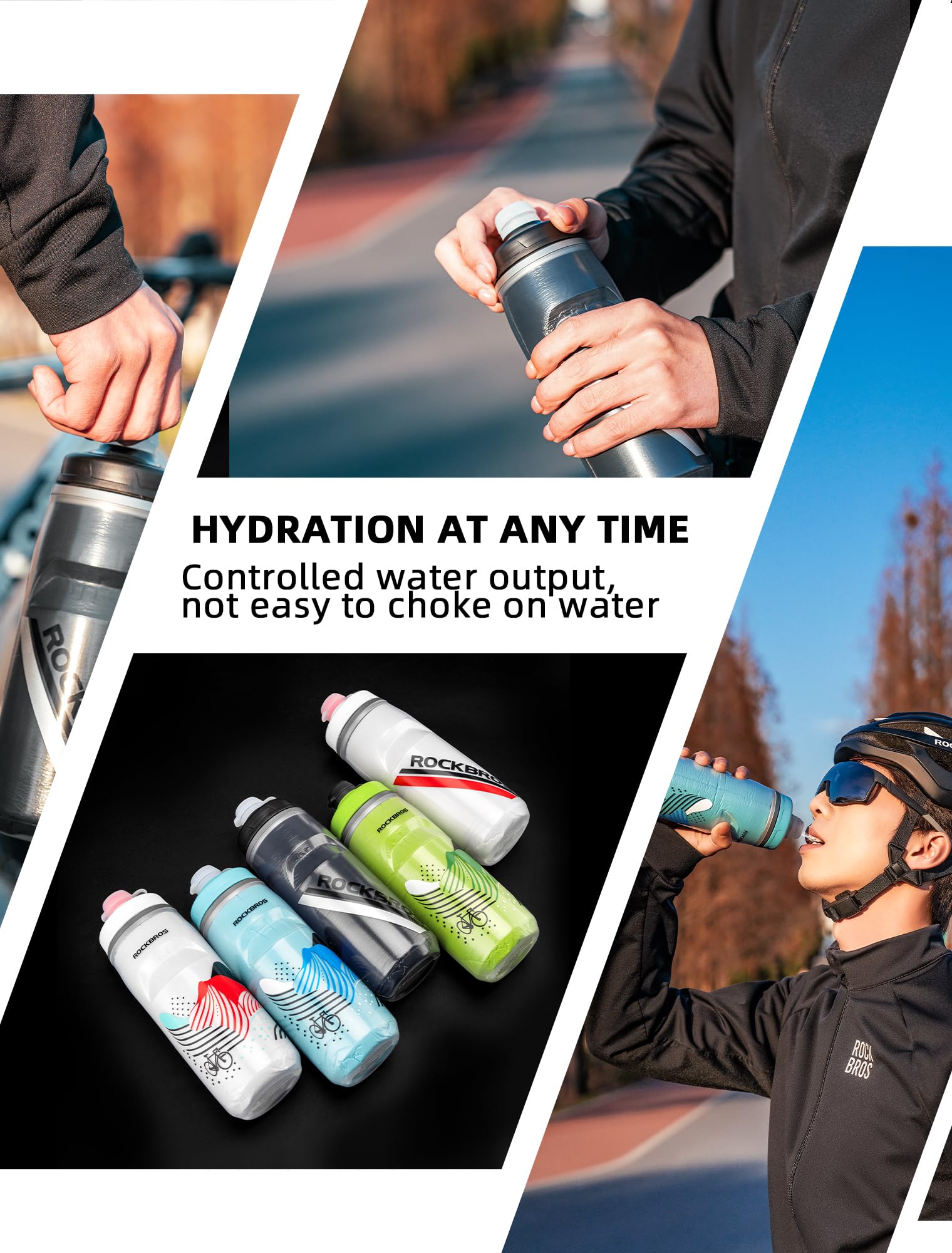 ROCKBROS 21oz Insulated Bike Water Bottle - Leakproof Squeeze Design for Cycling, Running & Sports - Keeps Drinks Cold for 5 Hours - Perfect for Road Bikes, Mountain Biking & Gym Workouts