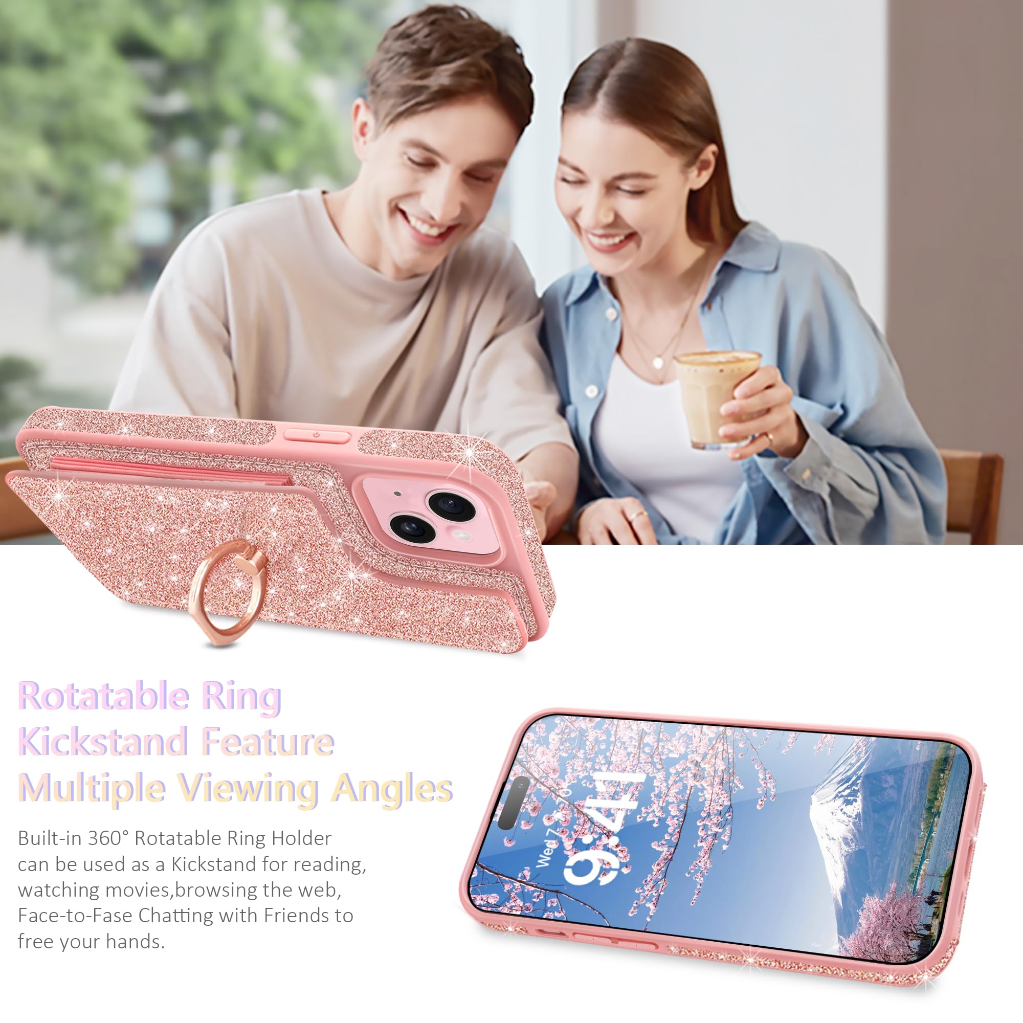 Shockproof Glitter Cute iPhone 15 Plus Wallet Case (6.7 Inch) with Screen Protector, Camera Lens Protector & 360° Ring Stand - Rose Gold | Perfect for Everyday Use, Travel, and Hands-Free Viewing