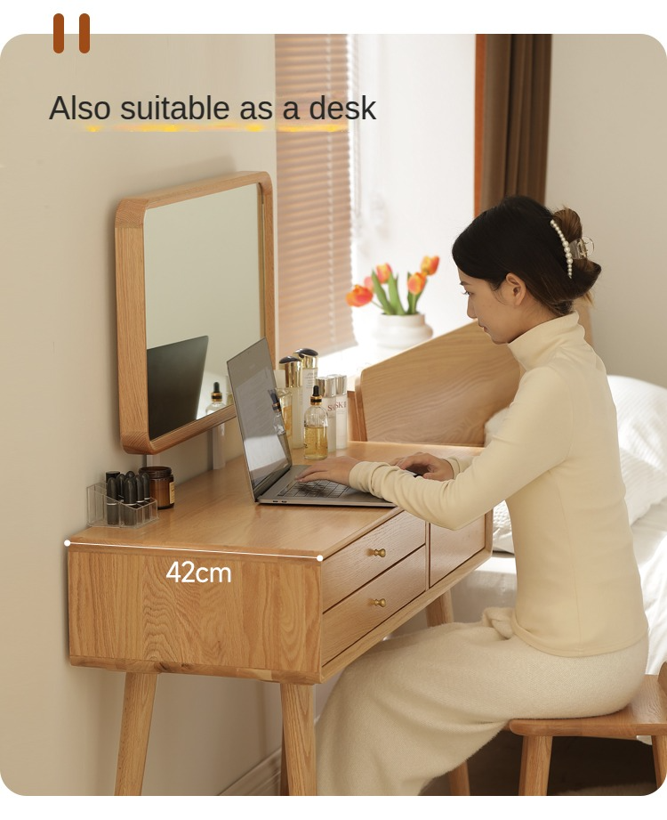 Stylish Oak Solid Wood Modern Dressing Table with Large Mirror - Perfect for Bedroom Vanity, Makeup Station & Home Decor