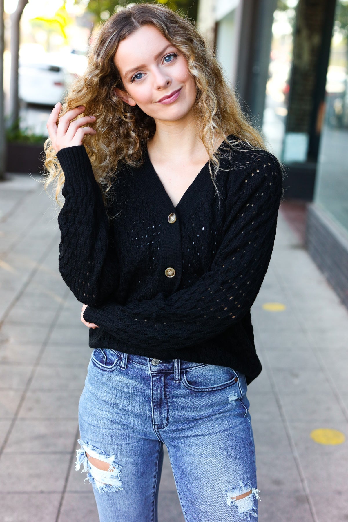 Stylish Black Pointelle Knit Button Down Cardigan for Women | Elegant Lace Knit Sweater | Perfect for Office, Date Night & Fall Layering