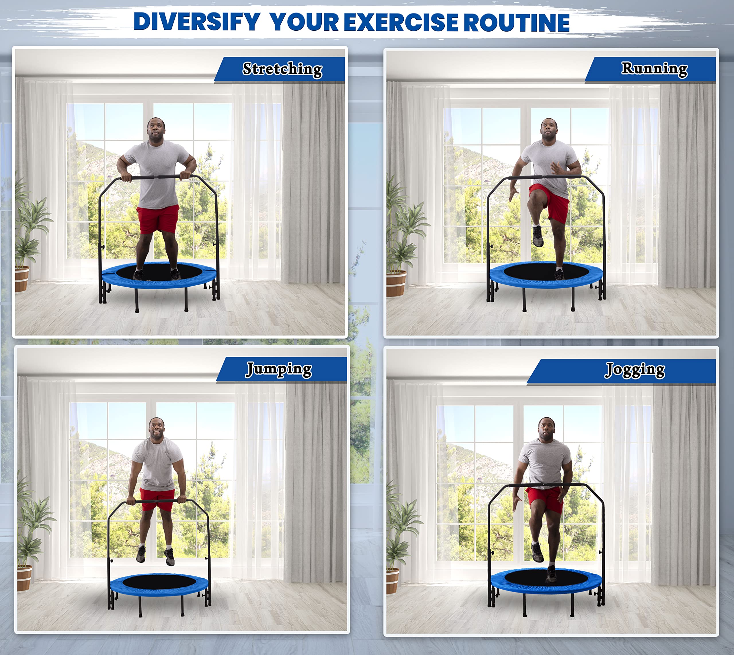 Upper Bounce Mini Trampoline for Adults & Kids - Foldable Rebounder for Indoor/Outdoor Fitness Exercise with Adjustable Bar & Safety Pad - Perfect for Home Workouts, Backyard Fun & Physical Therapy