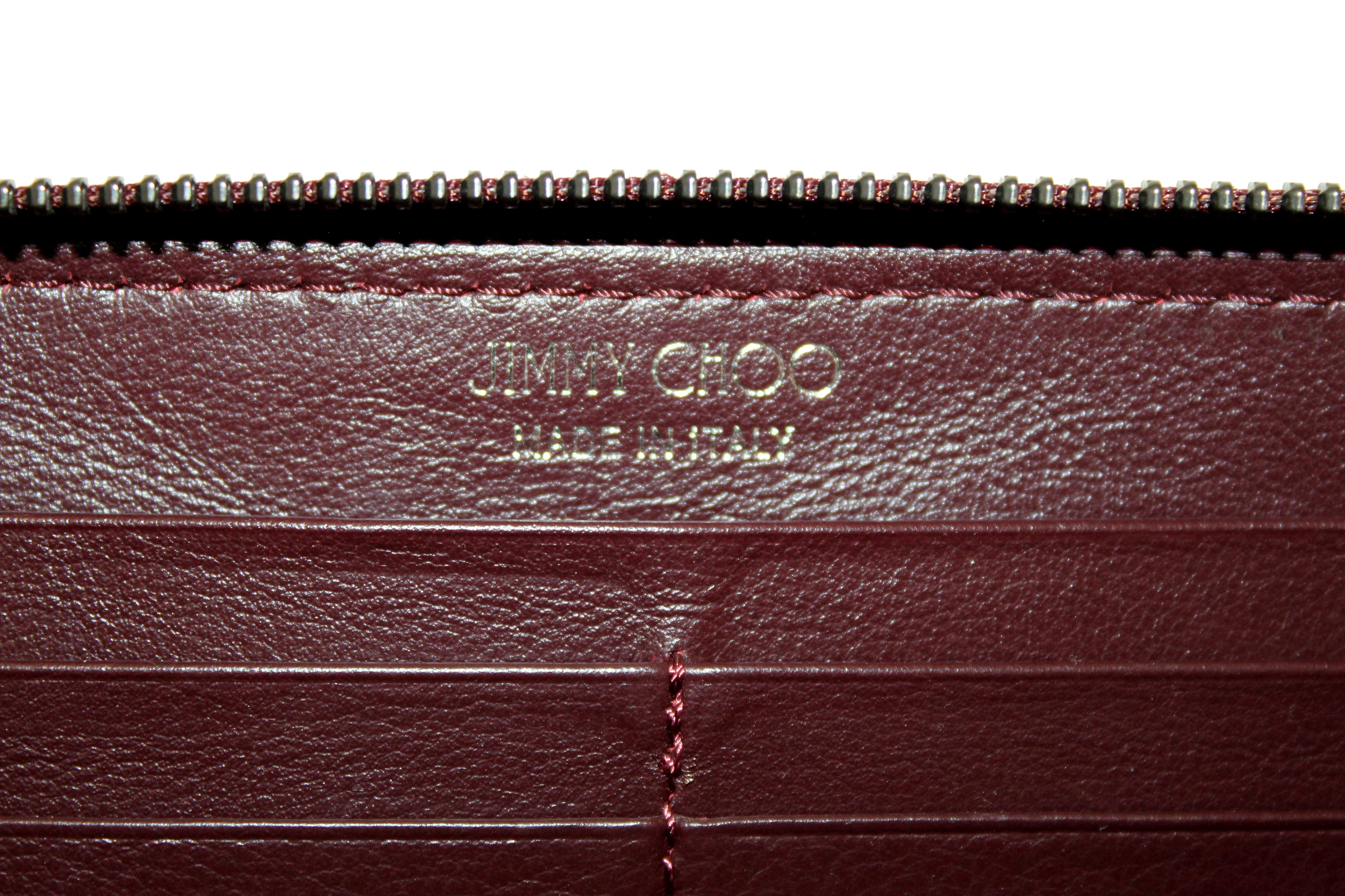 Authentic Jimmy Choo Burgundy Leather Zip Around Wallet for Women - Luxury Designer Wristlet Clutch with RFID Protection - Perfect for Evening Events, Travel & Everyday Use