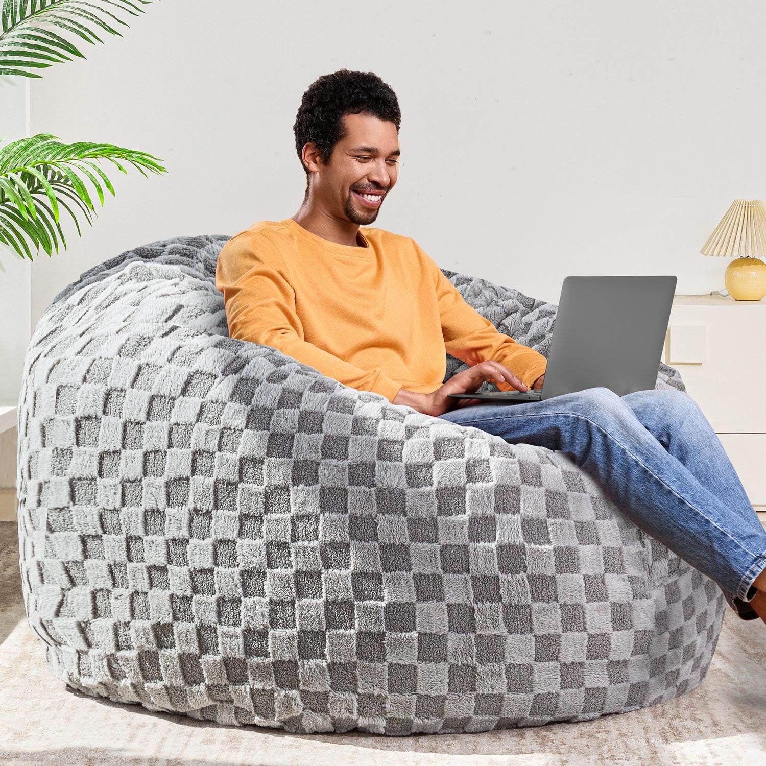 MAXYOYO Giant Bean Bag Bed - Convertible Bean Bag Chair to Bed with Jacquard Shaggy Plush Removable Cover for Living Room & Bedroom (Grey) - Perfect for Lounging, Gaming, and Guest Sleeping
