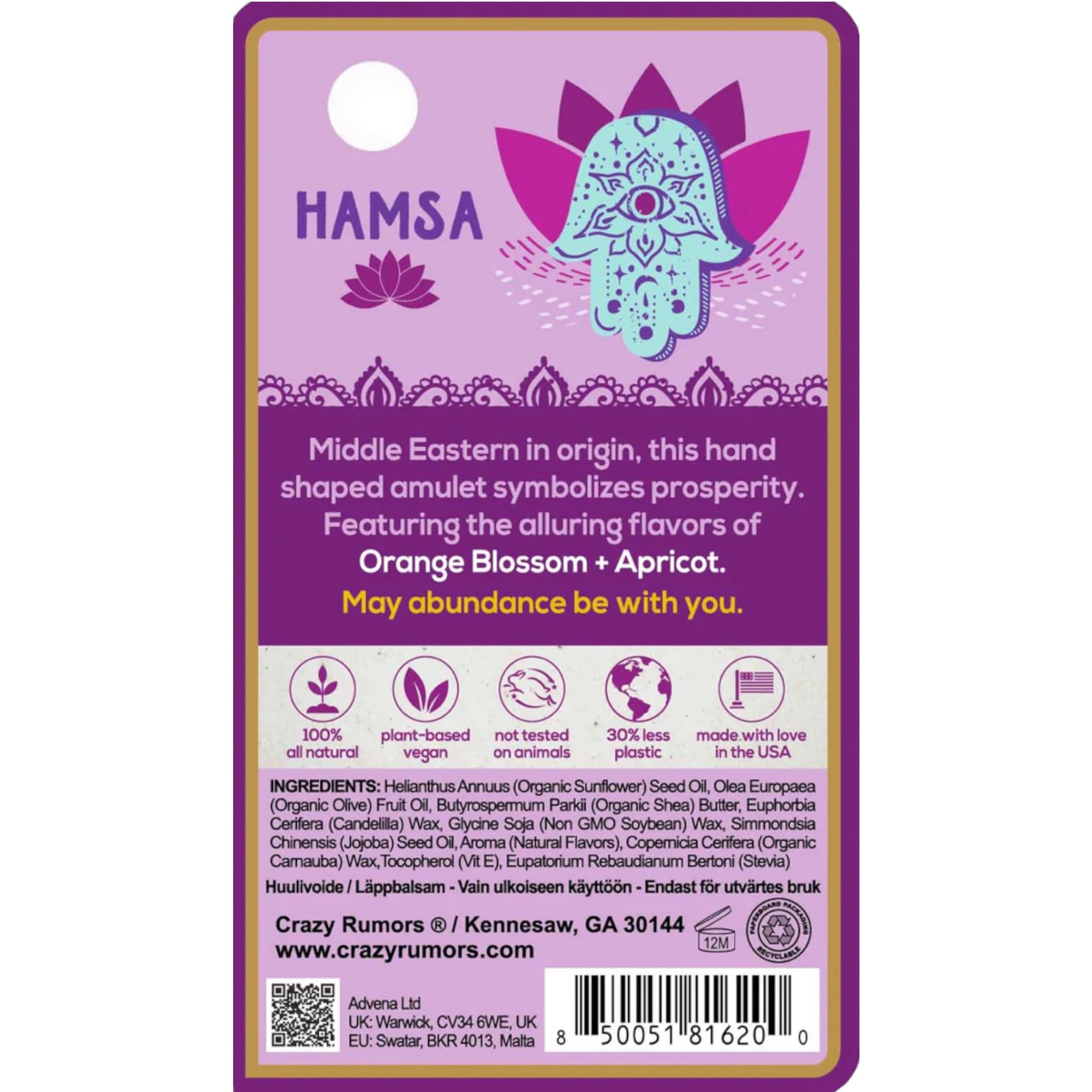 Crazy Rumors Happy Juju All Natural Vegan Lip Balm - Organic Shea Butter & Jojoba Oil - Moisturizing & Nourishing - 1 Pack (Hamsa Design) - Perfect for Dry Lips, Daily Hydration & On-The-Go Use