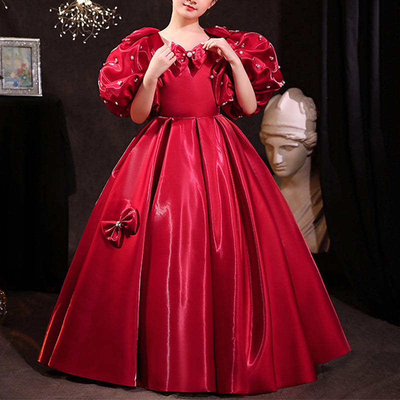 Elegant Red Organza A-Line Flower Girl Dress with Puff Sleeves - Perfect for Weddings, Pageants & Special Occasions