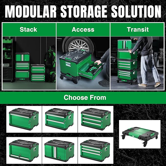 Modular Stackable Storage Tool Box - 3 Drawer Steel Organizer (2 Shallow & 1 Deep Drawers) for Garage, Workshop, and Home DIY Projects