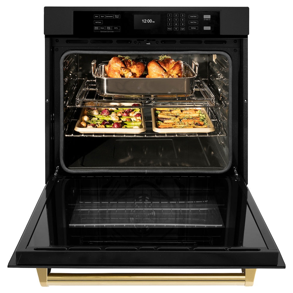 ZLINE Autograph Edition 30 Inch Black Stainless Steel Wall Oven with Air Fry & Self Clean - Professional True Convection Oven with Polished Gold Handle - Perfect for Home Chefs & Modern Kitchens (WASBZ 30 G)