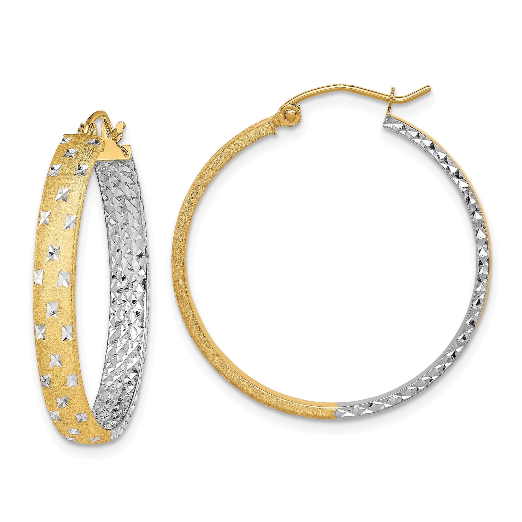 14K Solid Two-Tone Yellow & White Gold Round Medium Hoop Earrings for Women - Classic Everyday Jewelry for Work, Date Night & Special Occasions