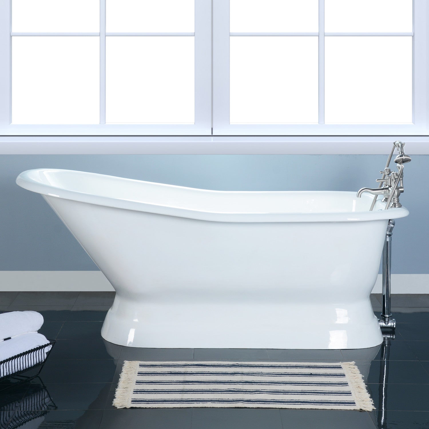 Aqua Eden 66 Inch White Cast Iron D-Shaped Single Slipper Pedestal Bathtub with 7-Inch Faucet Drillings - Freestanding Soaking Tub for Luxury Bathroom & Spa Relaxation