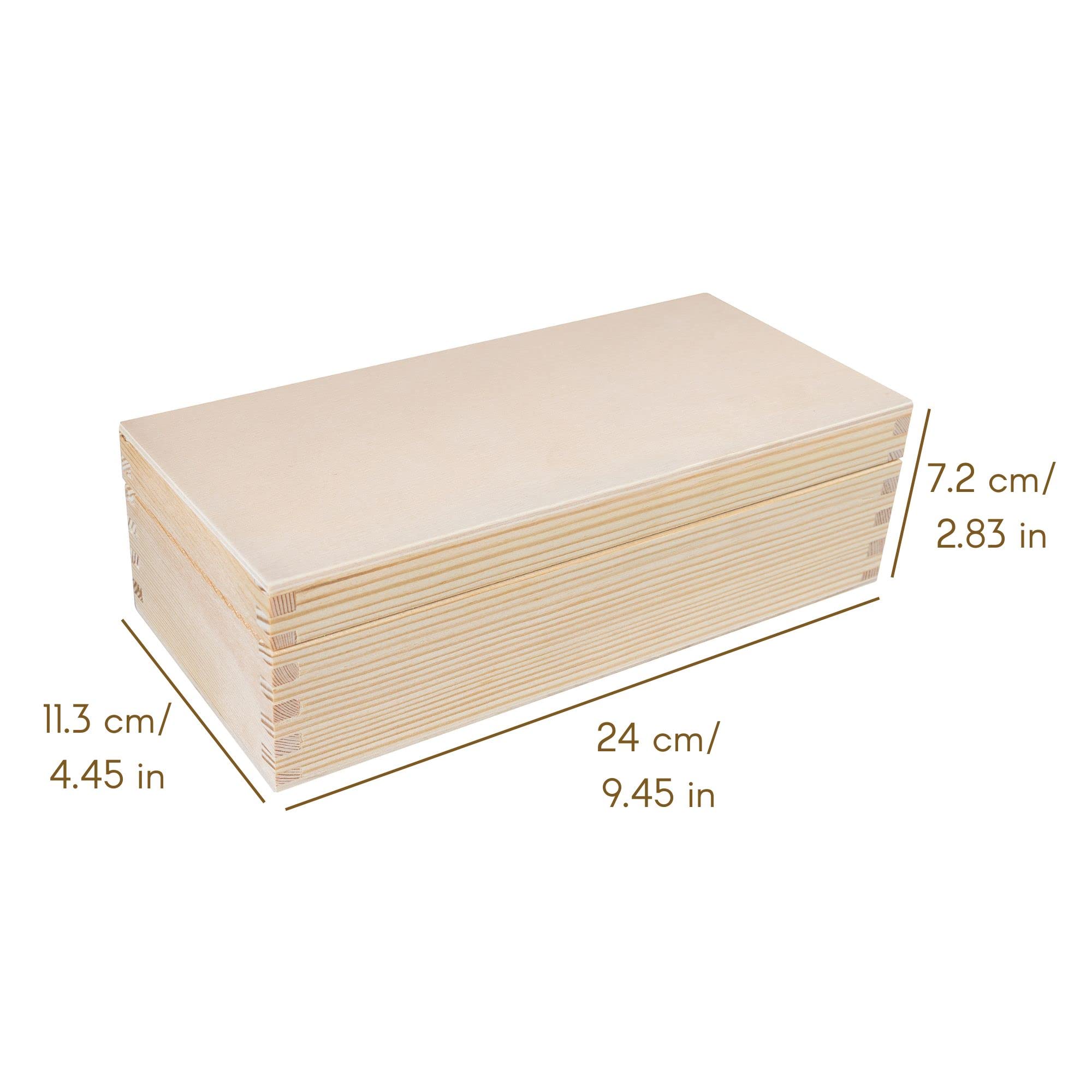 Unfinished Wooden Storage Box with Lid - 9.44 x 4.44 x 2.83 Inches Plain Rectangular Craft Box - Jewelry Organizer & Small Item Holder for Office, Bedroom, and Craft Room Storage Solutions