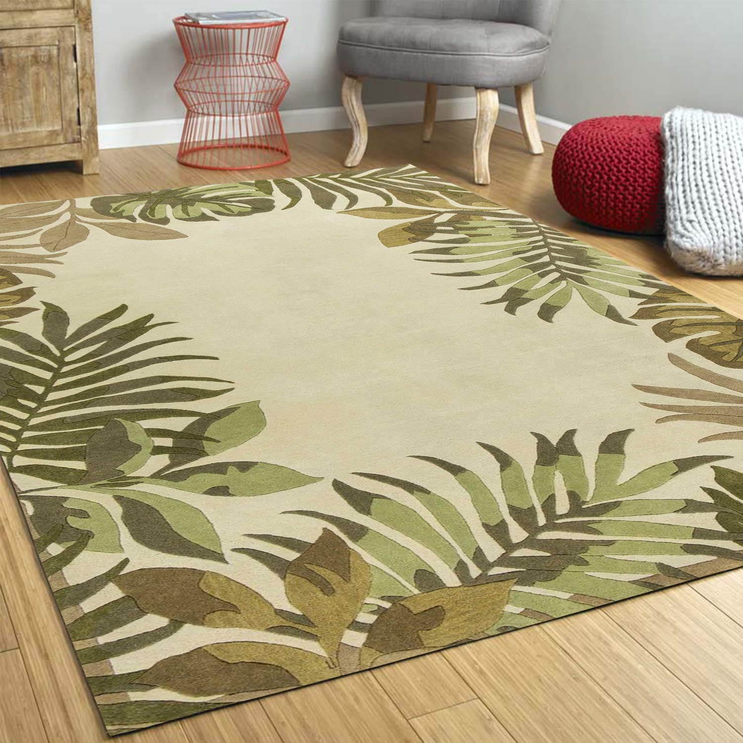HomeRoots 2' x 4' Ivory Leaves Bordered Wool Area Rug - Soft & Durable Living Room Carpet for Bedroom, Office & Home Decor