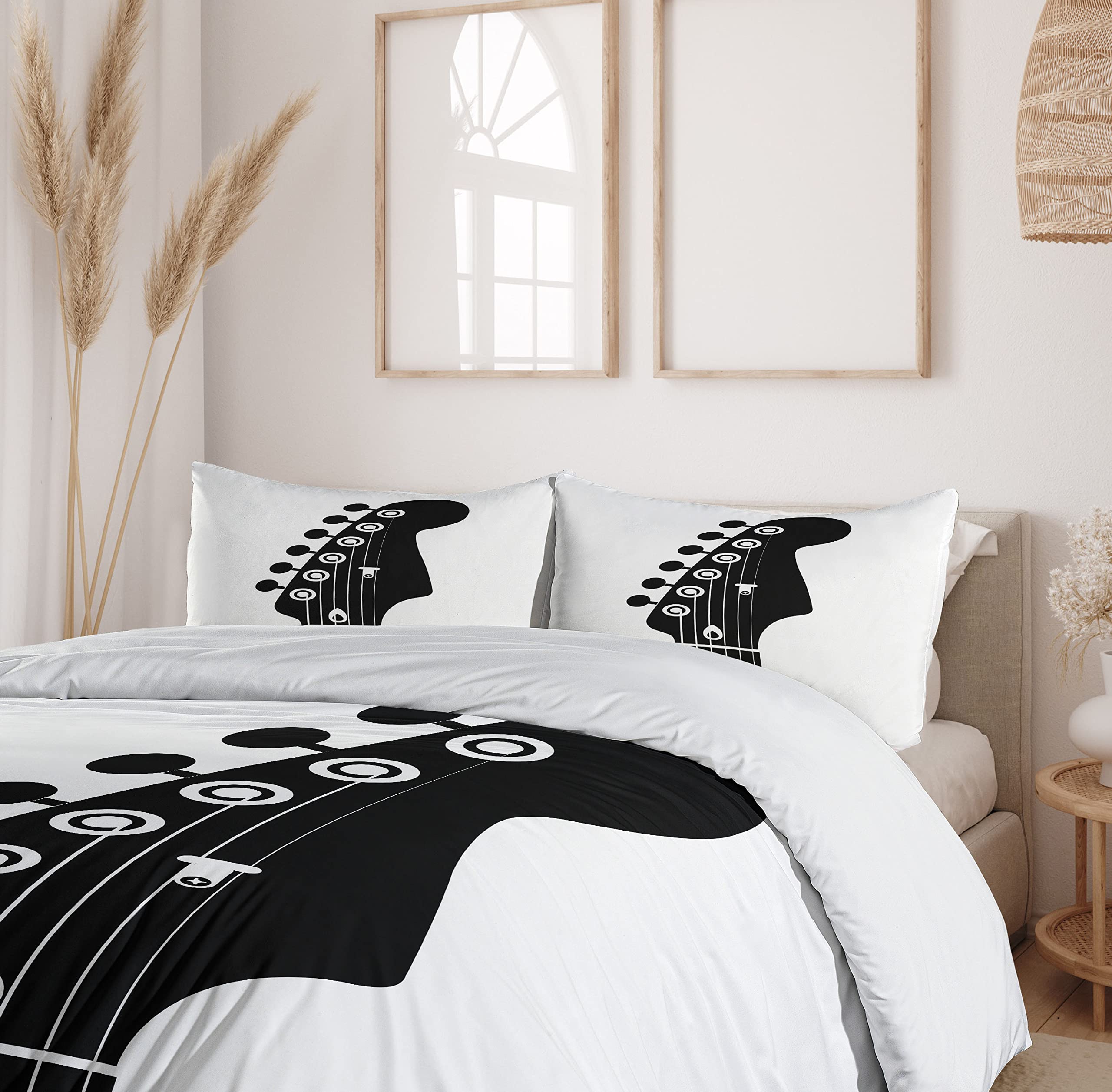 Ambesonne Guitar Duvet Cover Set - Monochrome Half Guitar Design with Strings, 3-Piece King Size Bedding (Duvet Cover + 2 Pillow Shams) in Charcoal Grey & White | Perfect for Music Lovers' Bedroom, Teen Room Decor & Guitar Enthusiast Gifts
