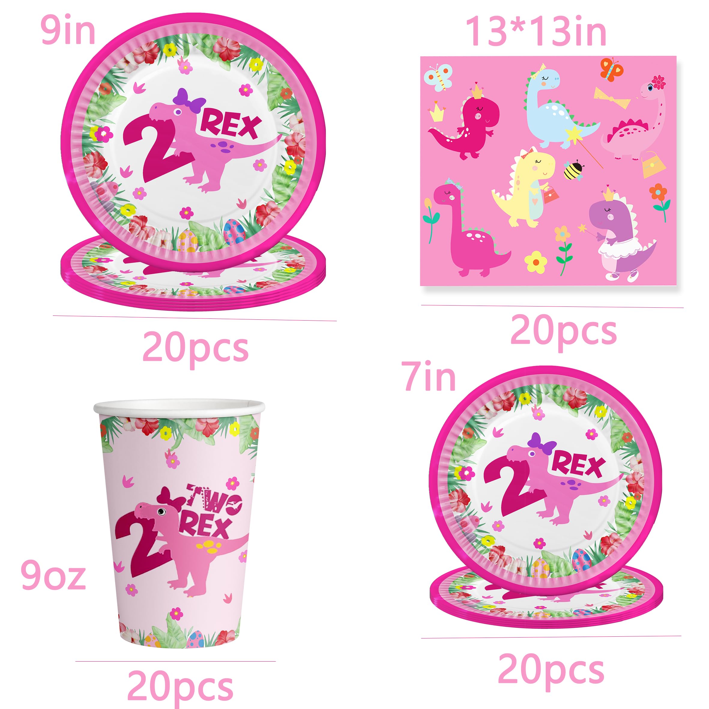 Dinosaur 2nd Birthday Party Supplies for Girls - T-Rex Theme Decorations with Plates, Cups, Napkins Featuring '2' Logo, Perfect for 20 Guests, Ideal for Toddler Birthday Celebrations & Dino-Themed Parties