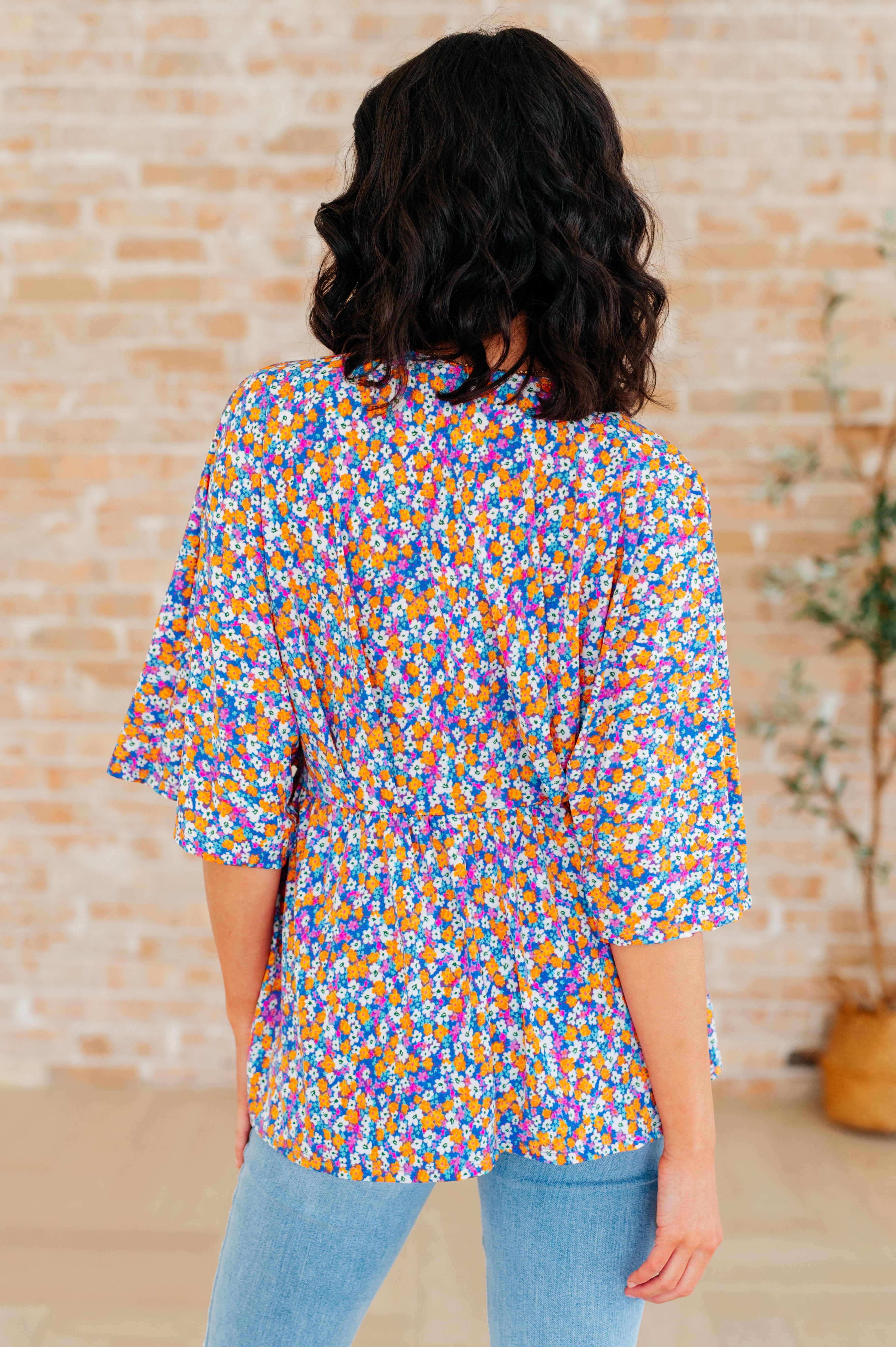 Dreamer Peplum Top - Purple Retro Ditsy Floral Print Women's Blouse for Casual Wear & Date Night Outfits