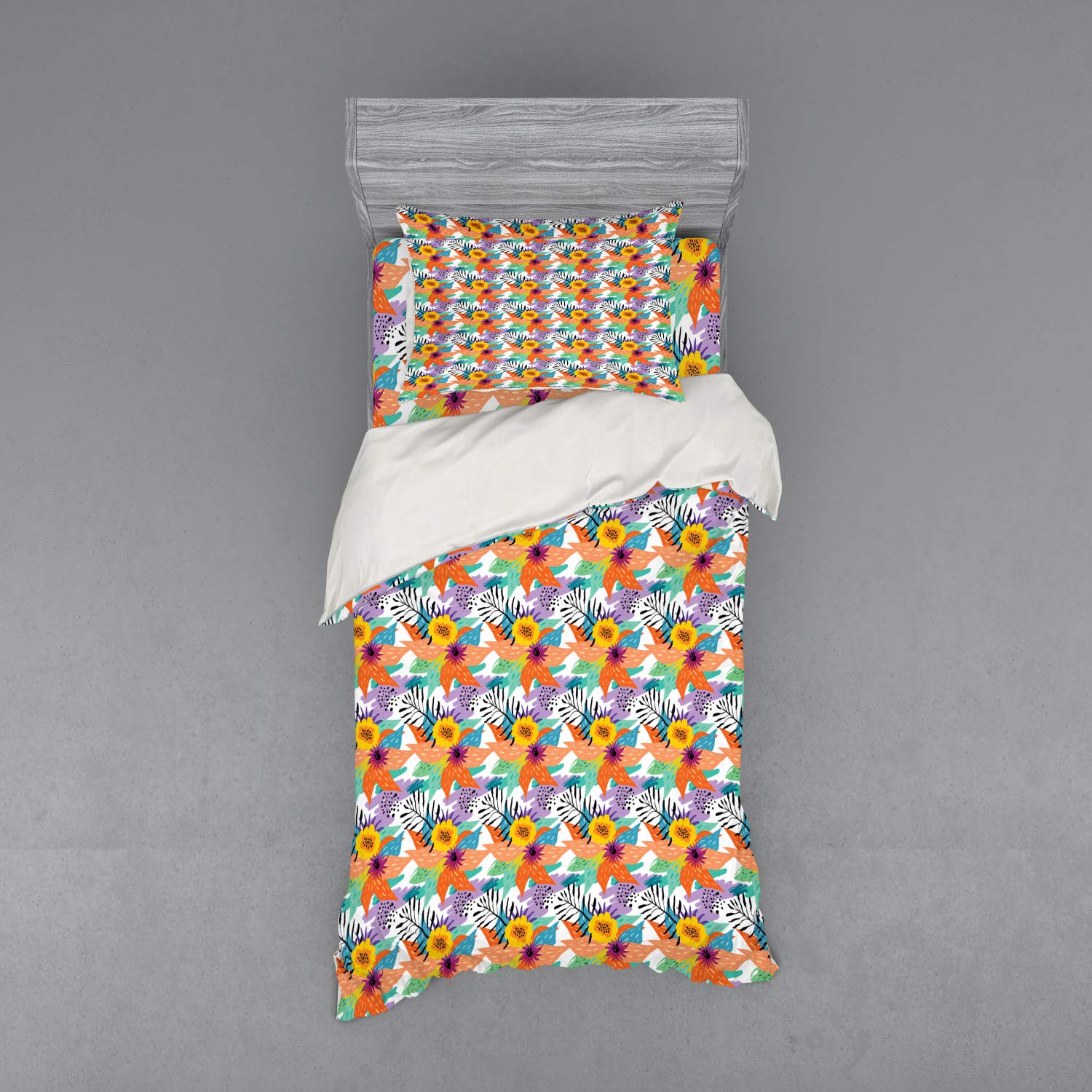 Ambesonne Tropical Hawaiian Summer Flowers 3-Piece Bedding Set - Twin Size Duvet Cover, Sham & Fitted Sheet - Hand Drawn Exotic Island Plantation Design - Perfect for Beach House, Vacation Home & Tropical Themed Bedrooms