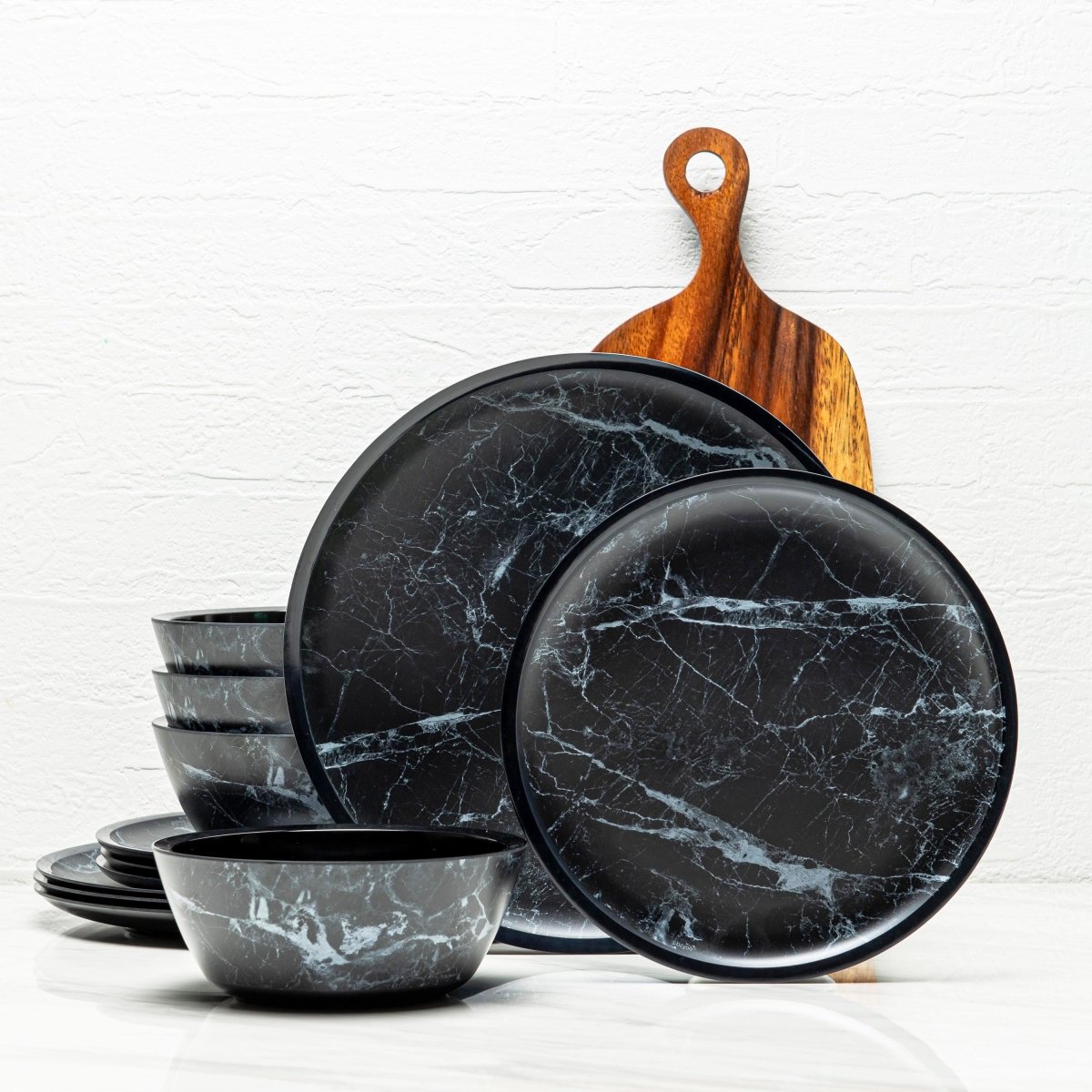 12-Piece Marble Melamine Plate and Bowl Set - Durable Black Dinnerware for Indoor & Outdoor Dining, Picnics, and Parties