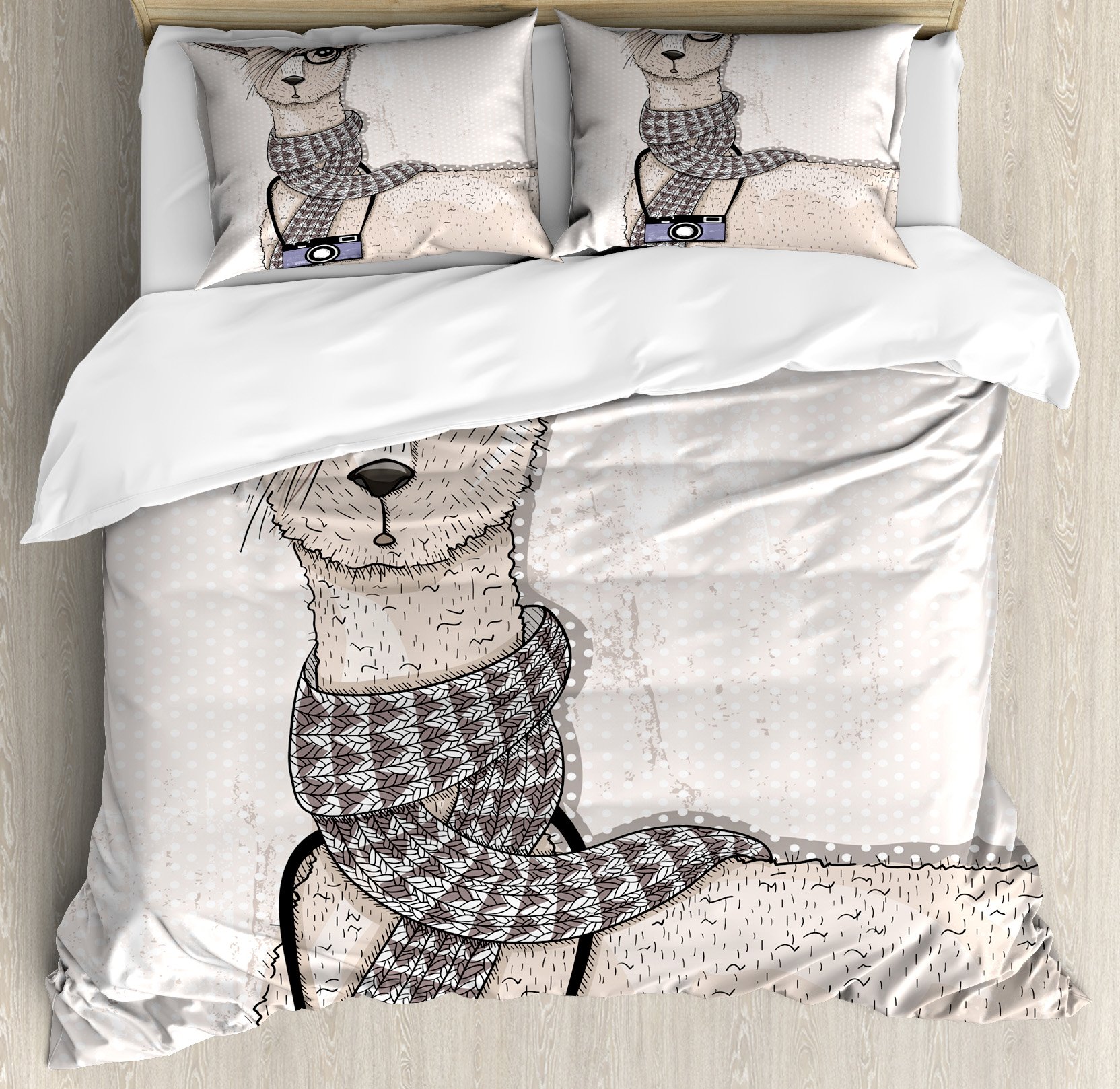Ambesonne King Size 3-Piece Duvet Cover Set - Hipster Llama with Camera Scarf & Glasses on Beige Dotted Background, Decorative Bedding with 2 Pillow Shams, Multicolor - Perfect for Boho Chic Bedrooms & Animal Lover Home Decor