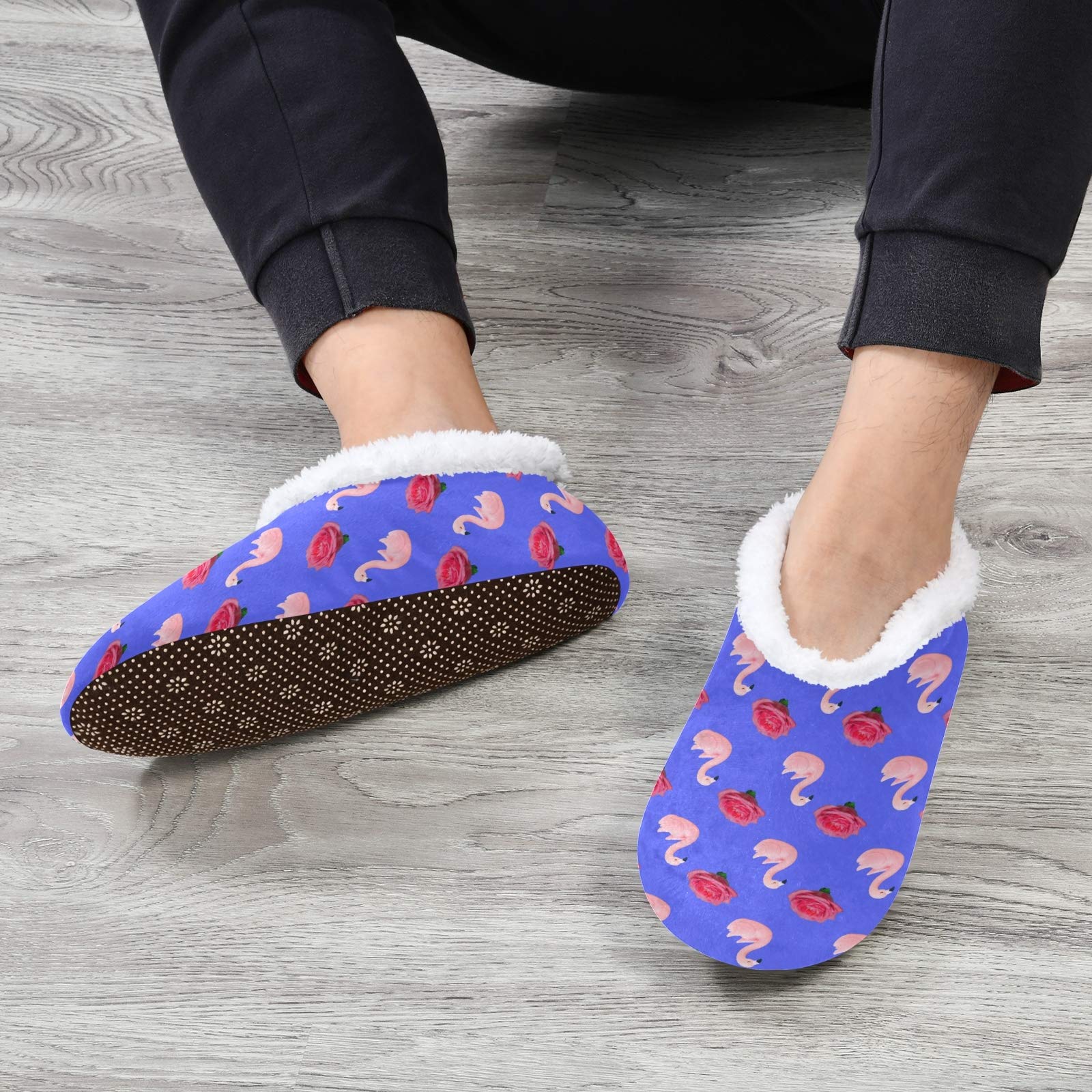 Women's & Men's Cozy Fleece House Slippers with Pink Flamingo & Rose Design - Warm Winter Indoor/Outdoor Slippers for Home, Office & Travel