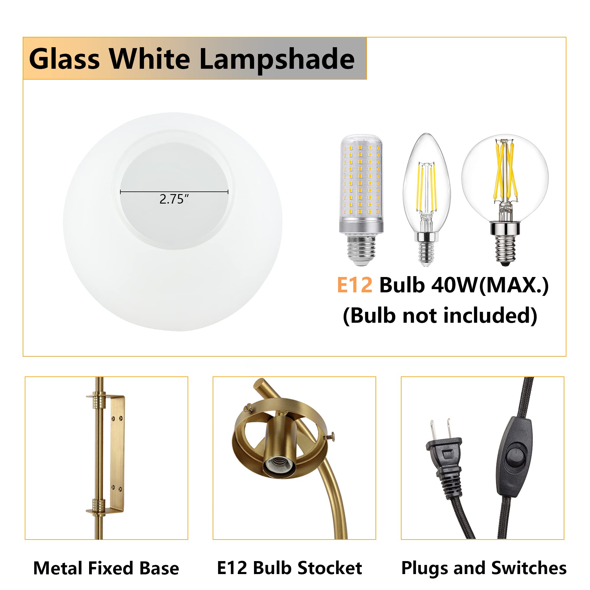 Gold Wall Sconces Set of 2 with Globe Shade - Modern Plug-in Wall Lamps with Switch & Adjustable Angle - Perfect for Bedroom, Living Room, Study, Hallway & Bedside Lighting