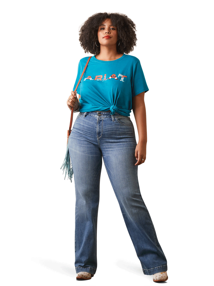 Ariat Women's Real Boot Kickin' Logo Tee - Exotic Plume Print Short Sleeve Shirt for Western Riding & Country Fashion