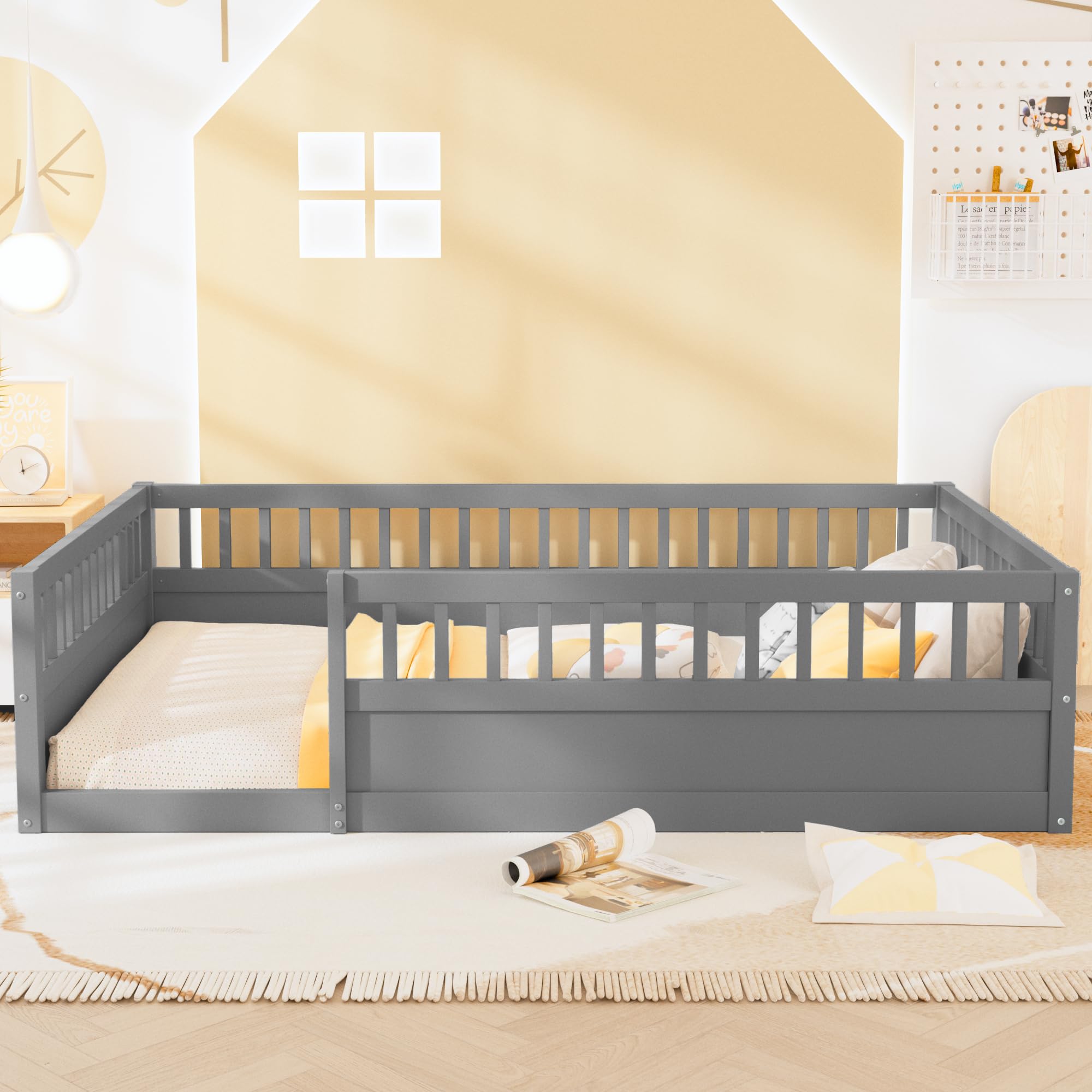 Montessori Floor Bed for Kids - Full Size Wooden Toddler Bed with Safety Fence | Gray Children's Bed Frame for Bedroom & Playroom | Safe Sleeping & Play Space for Toddlers 1-5 Years Old