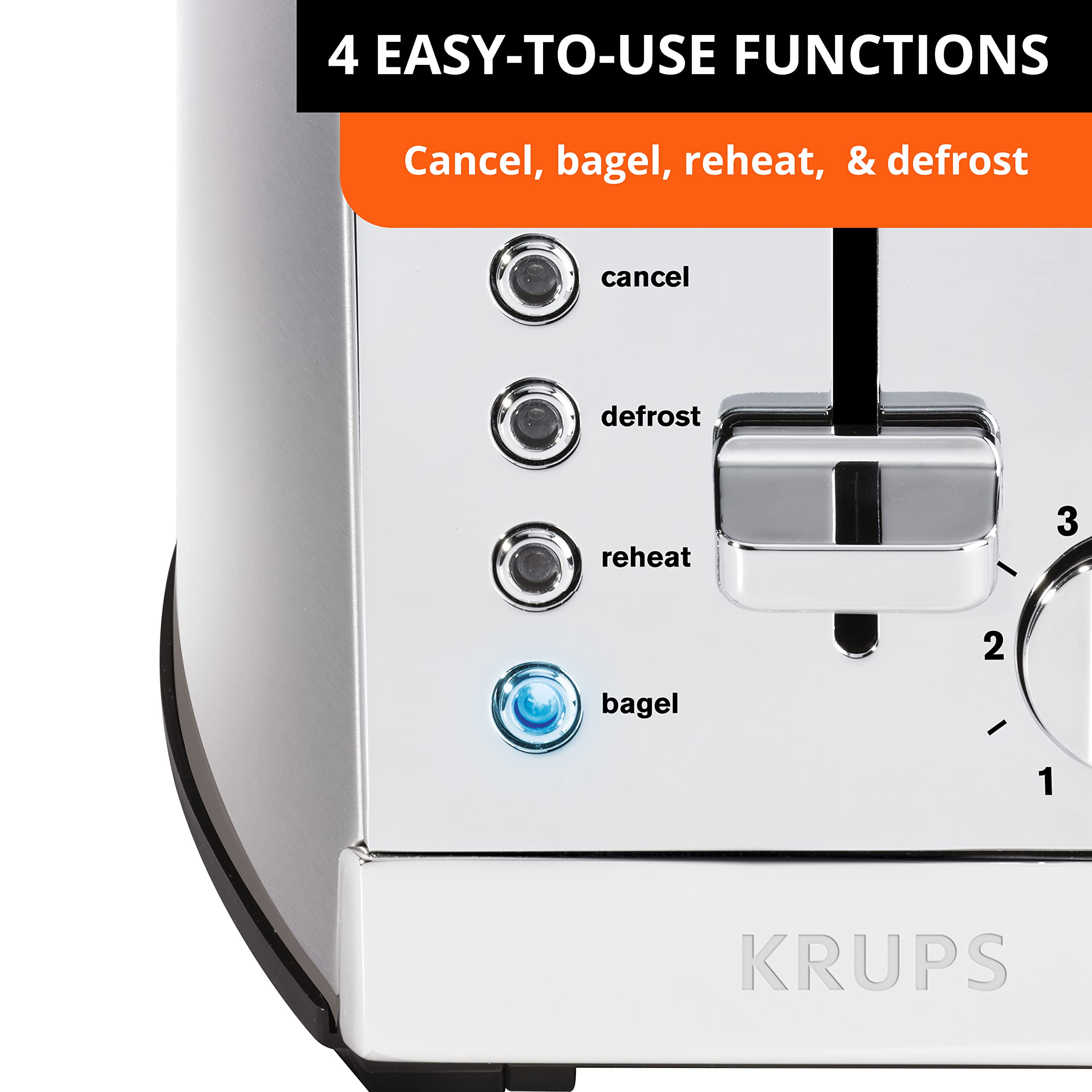 KRUPS 2-Slice Stainless Steel Toaster with 6 Browning Levels & 4 Functions - Perfect for Breakfast, Office, or Dorm Room (Silver)
