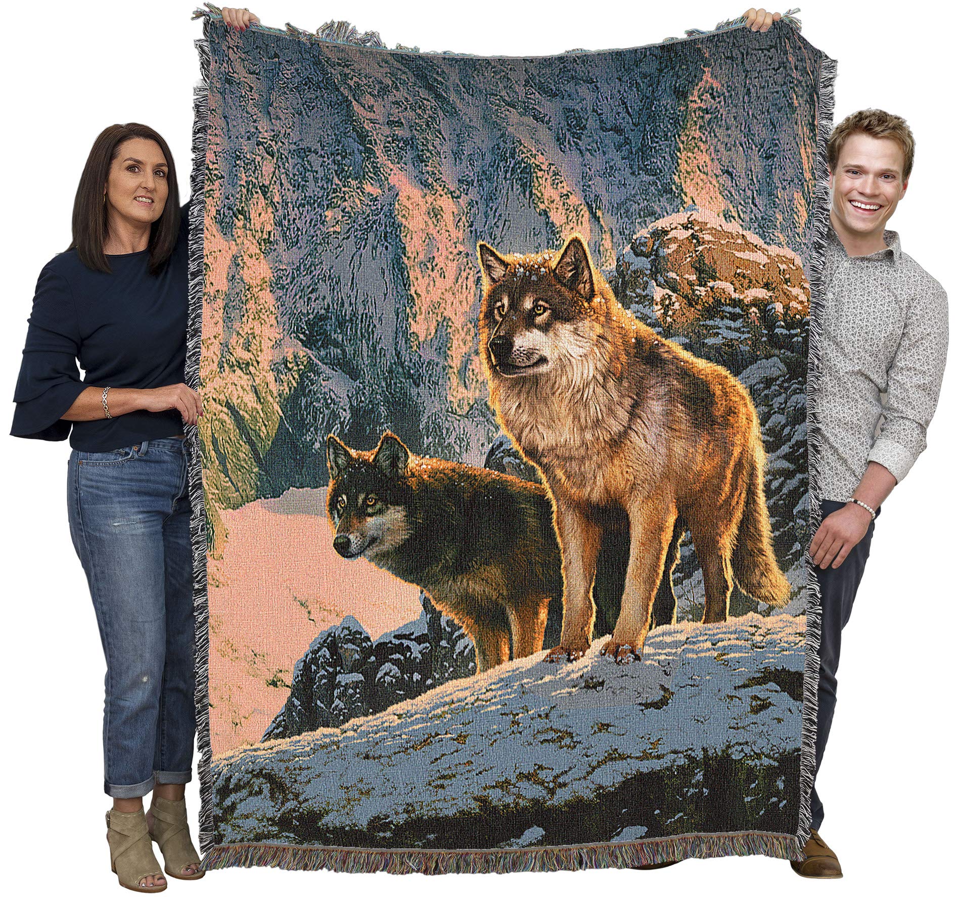 Vincent HIE Wolf Couple in Sunset Cotton Tapestry Throw Blanket - Handwoven in USA - 72x54 Inches - Perfect for Sofa, Bed & Home Decor Gift