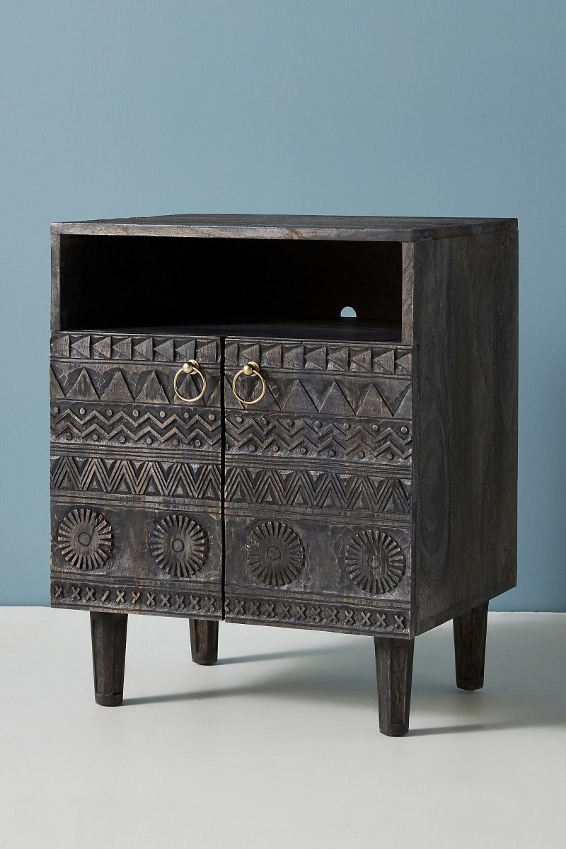 Hand Carved Antique Nightstand - Solid Wood Bedside Table | Handmade Wooden Lamp Stand from Delhi | Perfect for Bedroom Decor & Boho Home Style