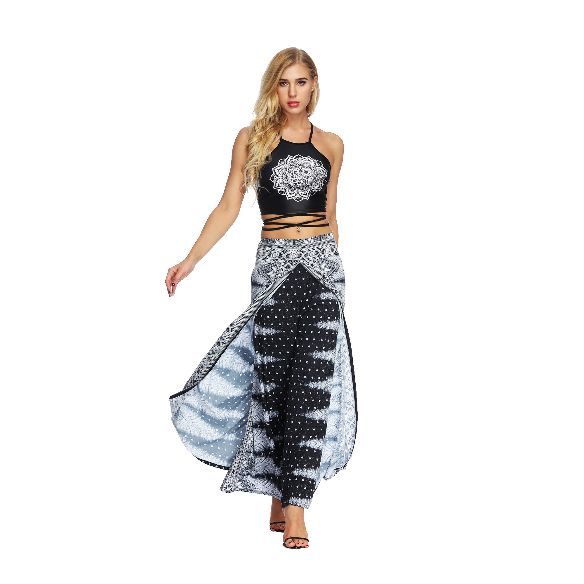 Women's High Waist Slit Wide Leg Pants - Bohemian Hippie Casual Yoga Pants for Summer Beach, Lounge & Vacation Wear