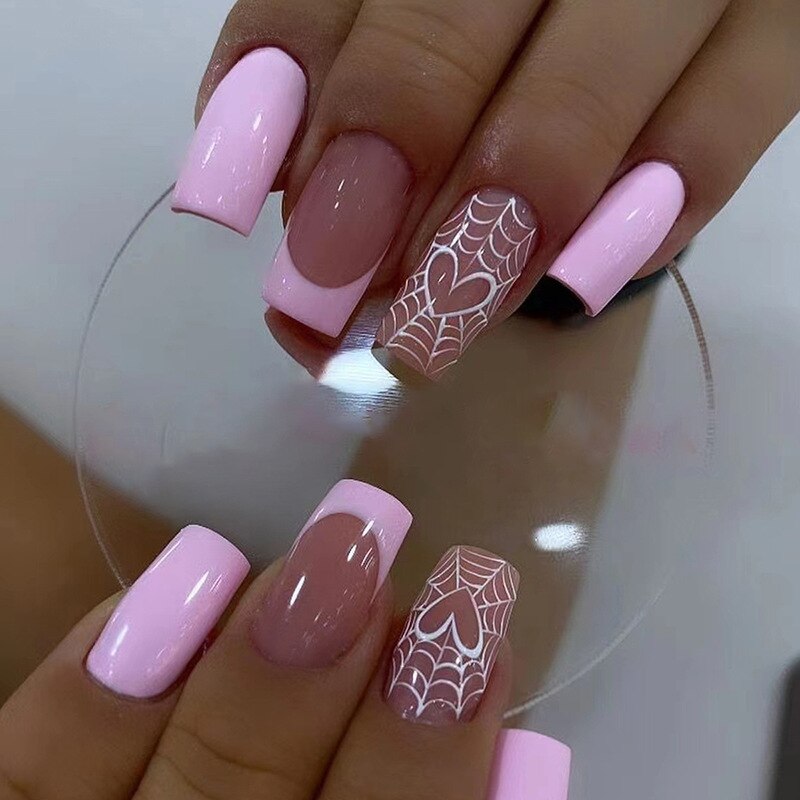 24Pcs Short Square False Nails with Heart Rhinestones & Pearls - Full Cover Detachable Press on Nails for Manicure - Perfect for Parties, Weddings & Daily Wear